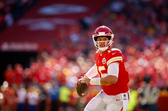 KANSAS CITY, MO - OCTOBER 28: Patrick Mahomes #15, quarterback with the Kansas City Chiefs, rolled out before throwing a pass against the Denver Broncos at Arrowhead Stadium on October 28, 2018 in Kansas City, Missouri. (Photo by David Eulitt/Getty Images