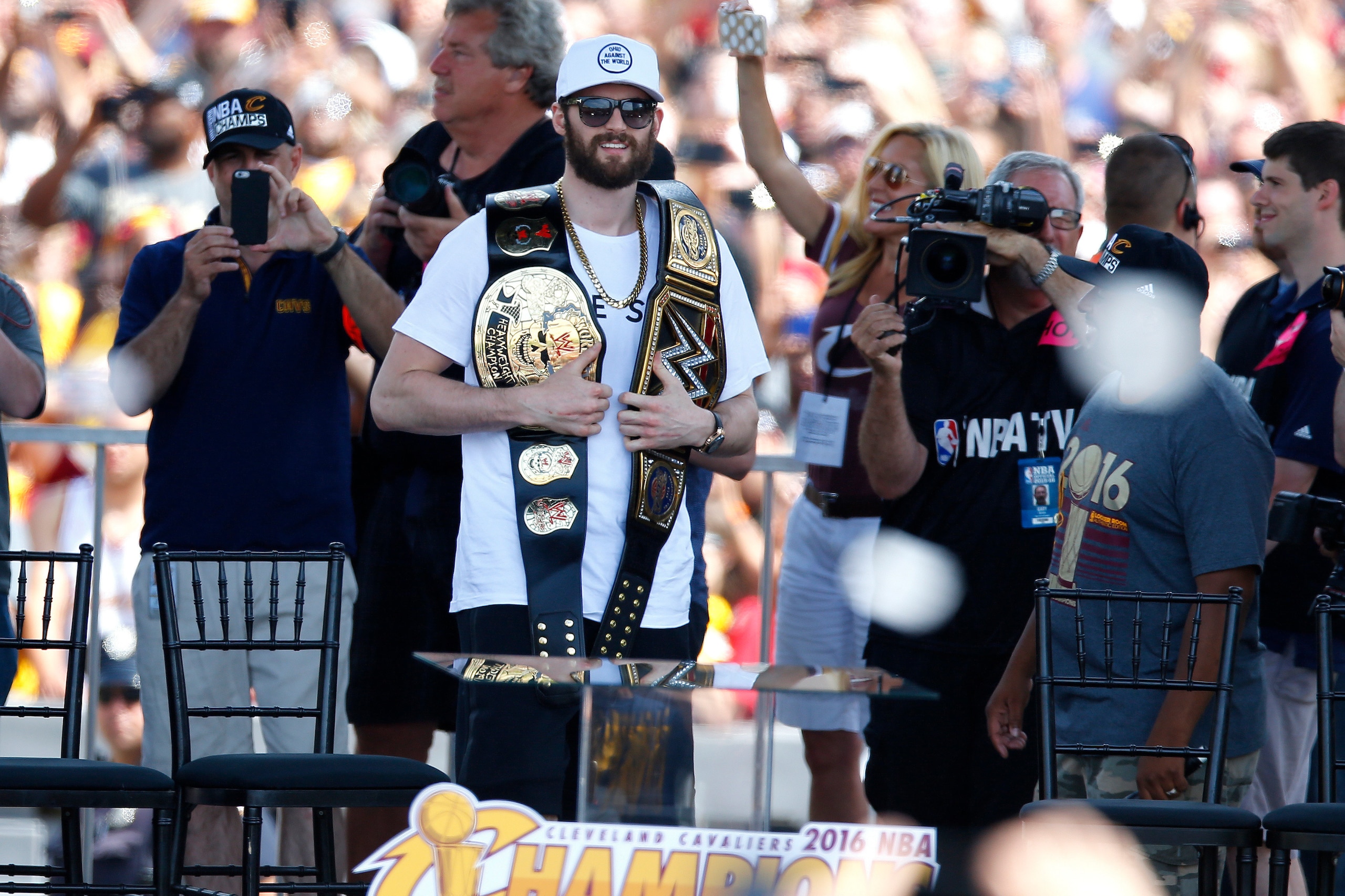 CLEVELAND, OH - JUNE 22: Kevin Love #0 of the Cleveland Cavaliers looks on during the Cleveland Cavaliers Victory Parade And Rally on June 22, 2016 in Cleveland, Ohio NOTE TO USER: User expressly acknowledges and agrees that, by downloading and/or using t