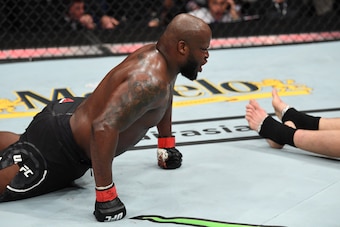 LAS VEGAS, NV - OCTOBER 06:  Derrick Lewis celebrates his knockout of Alexander Volkov of Russia in their heavyweight bout during the UFC 229 event inside T-Mobile Arena on October 6, 2018 in Las Vegas, Nevada.  (Photo by Josh Hedges/Zuffa LLC/Zuffa LLC)