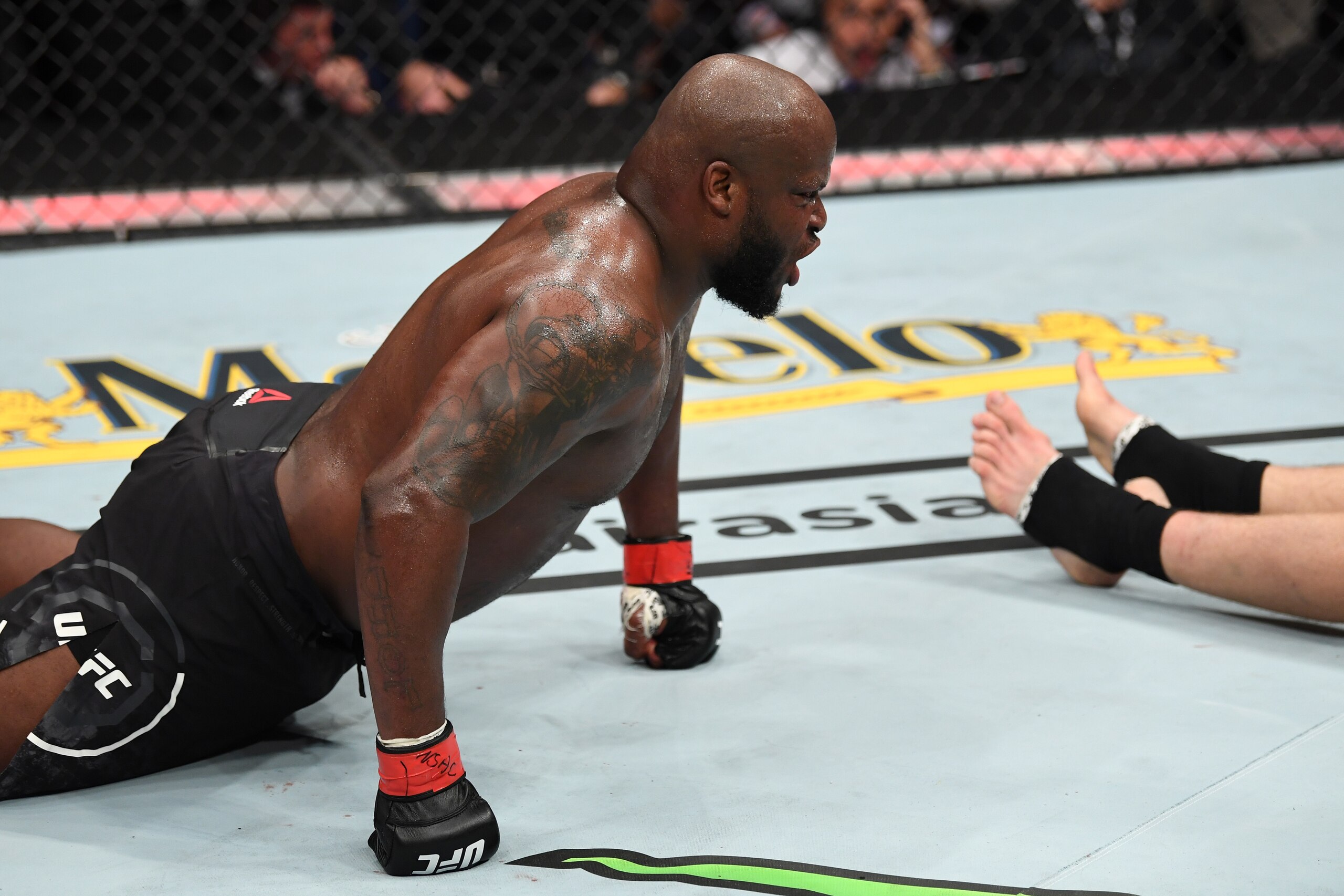 LAS VEGAS, NV - OCTOBER 06:  Derrick Lewis celebrates his knockout of Alexander Volkov of Russia in their heavyweight bout during the UFC 229 event inside T-Mobile Arena on October 6, 2018 in Las Vegas, Nevada.  (Photo by Josh Hedges/Zuffa LLC/Zuffa LLC)