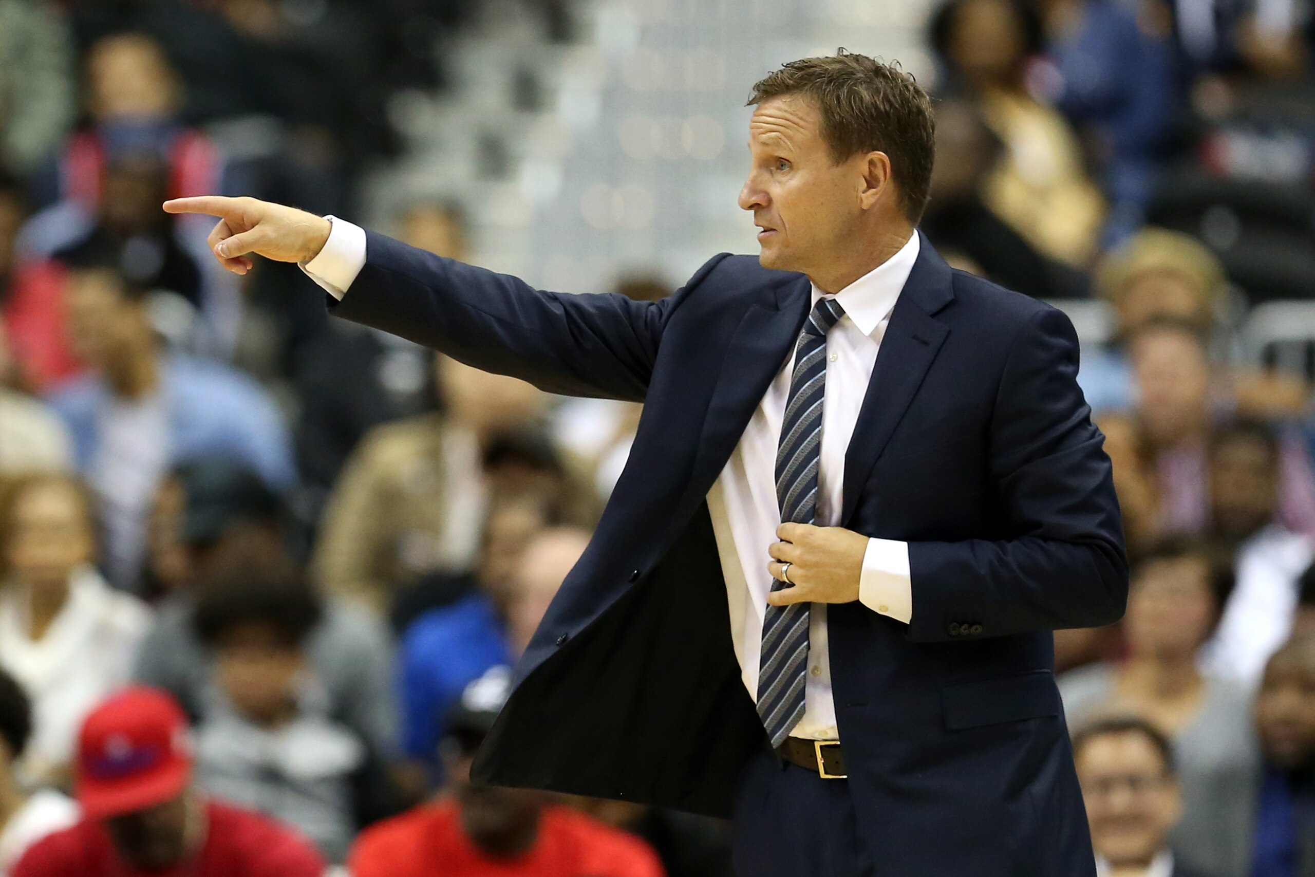 WASHINGTON, DC - OCTOBER 05: Head coach Scott Brooks looks on during the second half of a preseason NBA game against the Miami Heat at Capital One Arena on October 5, 2018 in Washington, DC. NOTE TO USER: User expressly acknowledges and agrees that, by do