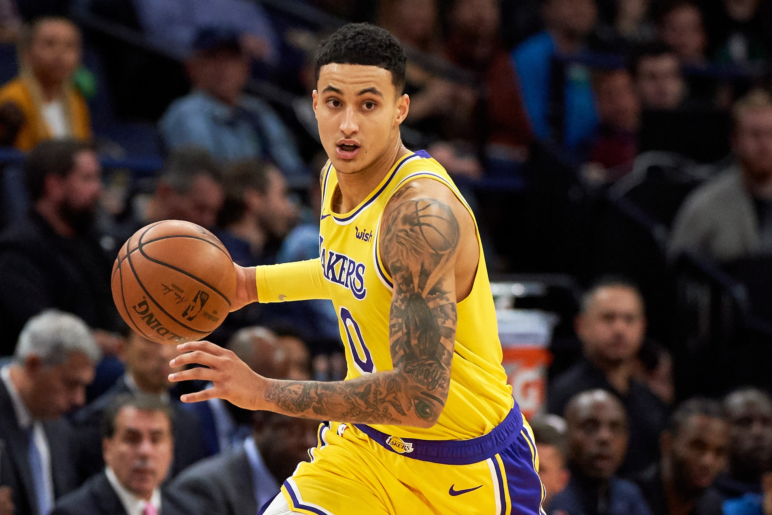 MINNEAPOLIS, MN - OCTOBER 29: Kyle Kuzma #0 of the Los Angeles Lakers dribbles the ball against the Minnesota Timberwolves during the game on October 29, 2018 at the Target Center in Minneapolis, Minnesota. The Timberwolves defeated the Lakers 124-120. NO