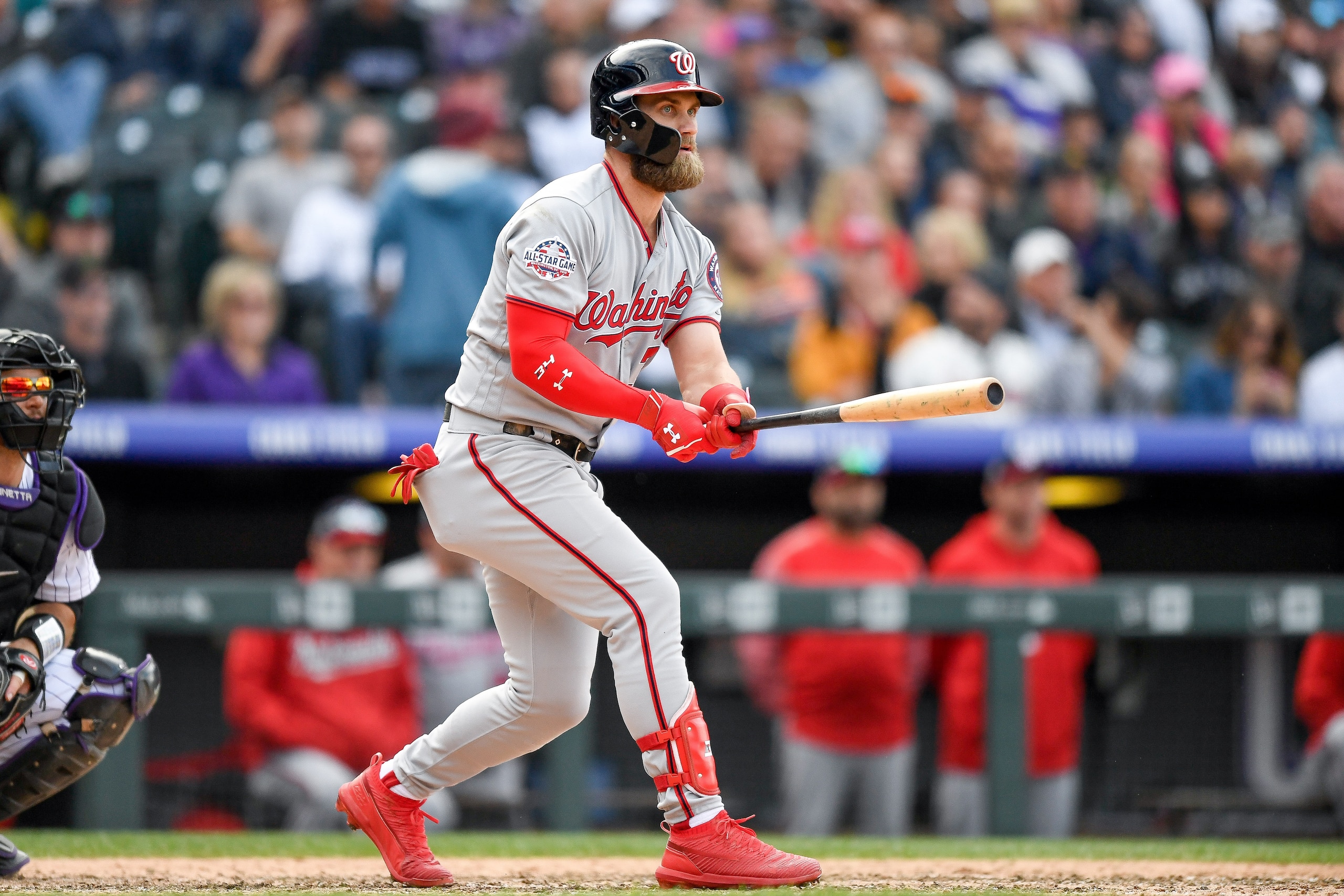 DENVER, CO - SEPTEMBER 30:  Bryce Harper #34 of the Washington Nationals hits a ninth inning double against the Colorado Rockies at Coors Field on September 30, 2018 in Denver, Colorado.  (Photo by Dustin Bradford/Getty Images)