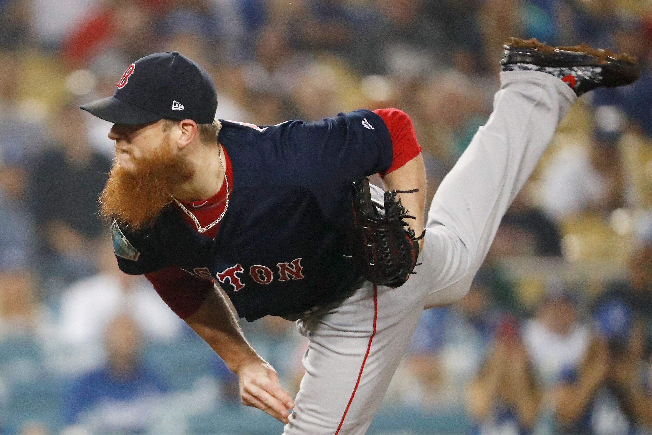 LOS ANGELES, CA - OCTOBER 27:  Closing pitcher Craig Kimbrel #46 of the Boston Red Sox pitches in the ninth inning in Game Four of the 2018 World Series against the Los Angeles Dodgers at Dodger Stadium on October 27, 2018 in Los Angeles, California.  (Ph