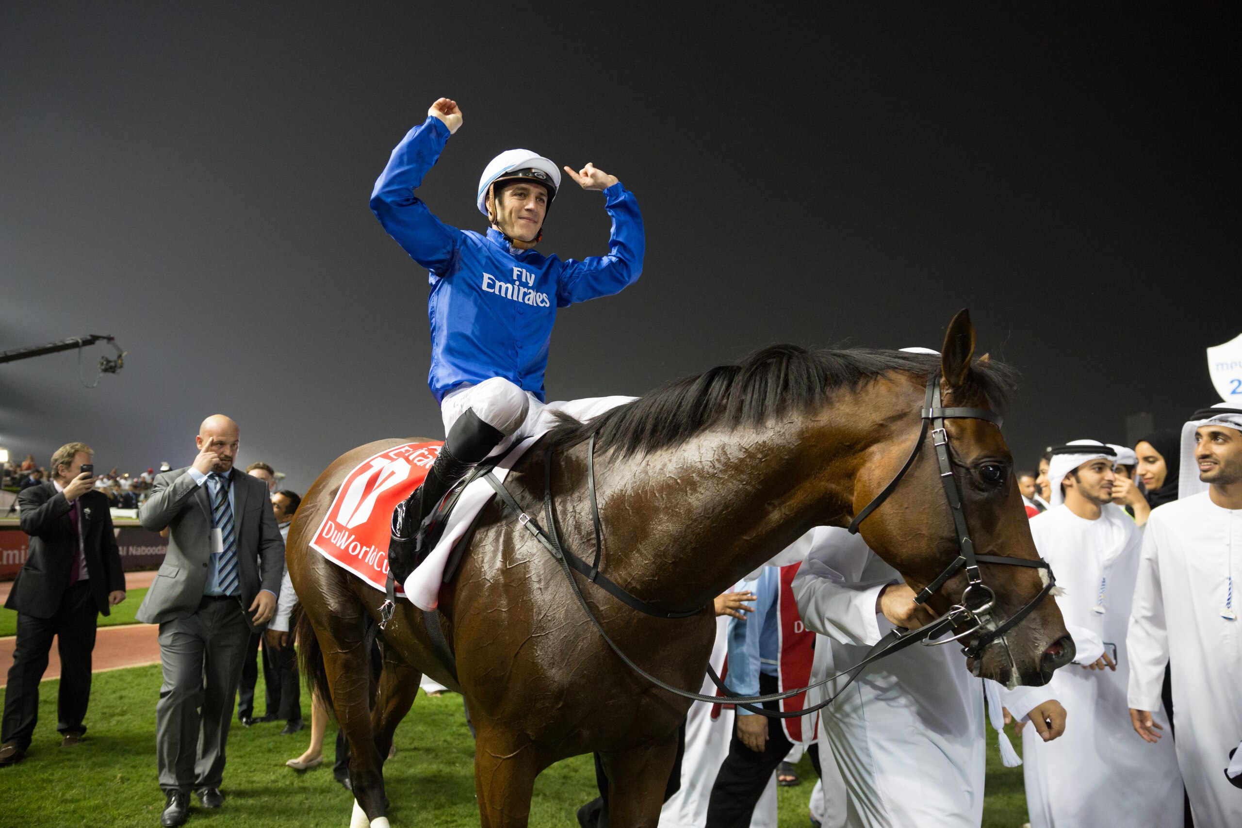 DUBAI, UNITED ARAB EMIRATES - MARCH 31: Christophe Soumillon riding Thunder Snow wins the Dubai World Cup at Meydan Racecourse on March 31, 2018 in Dubai, United Arab Emirates.