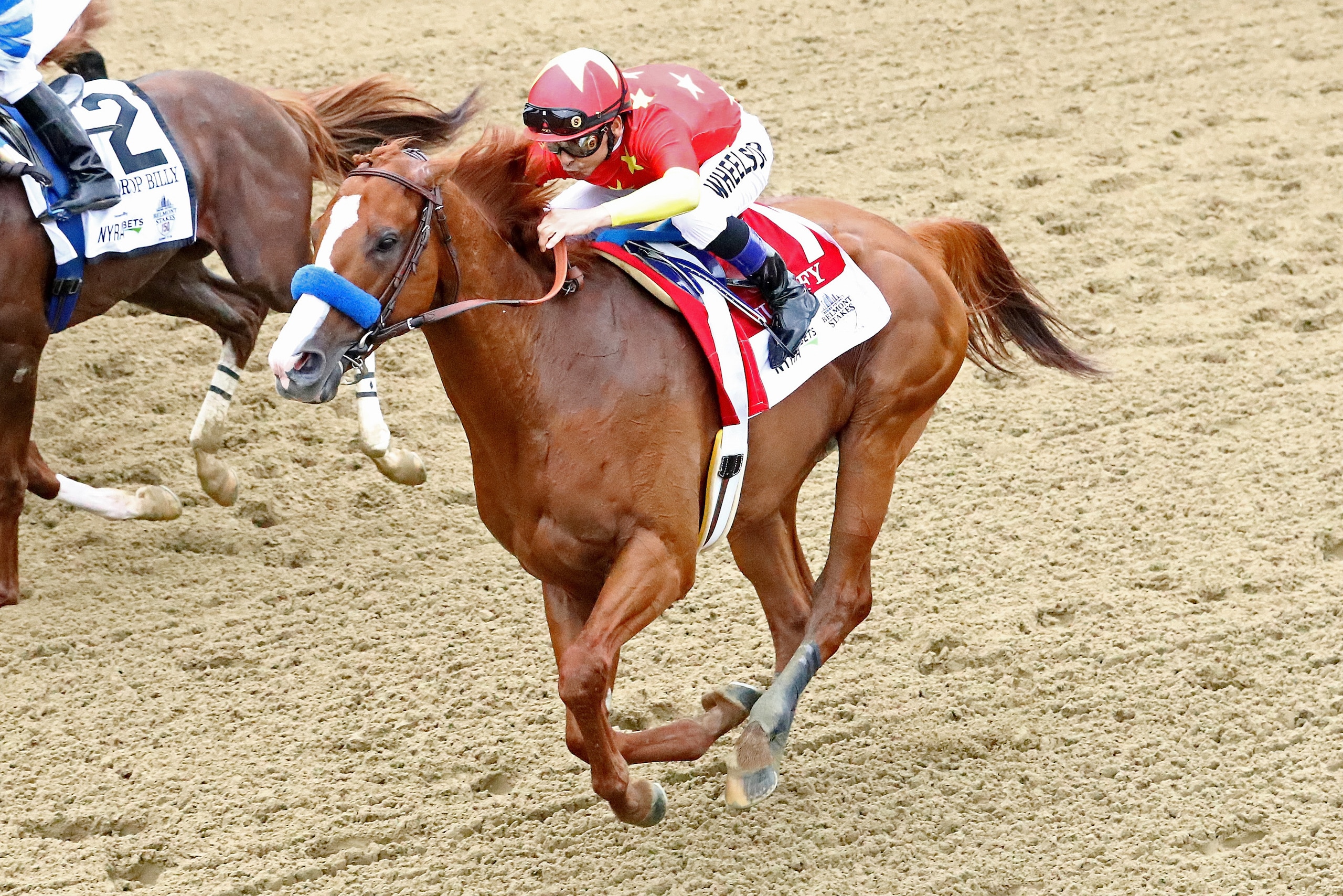 ELMONT, NY - JUNE 09:  Justify #1, ridden by jockey Mike Smith starts to win the 150th running of the Belmont Stakes at Belmont Park on June 9, 2018 in Elmont, New York. Justify becomes the thirteenth Triple Crown winner and the first since American Pharo
