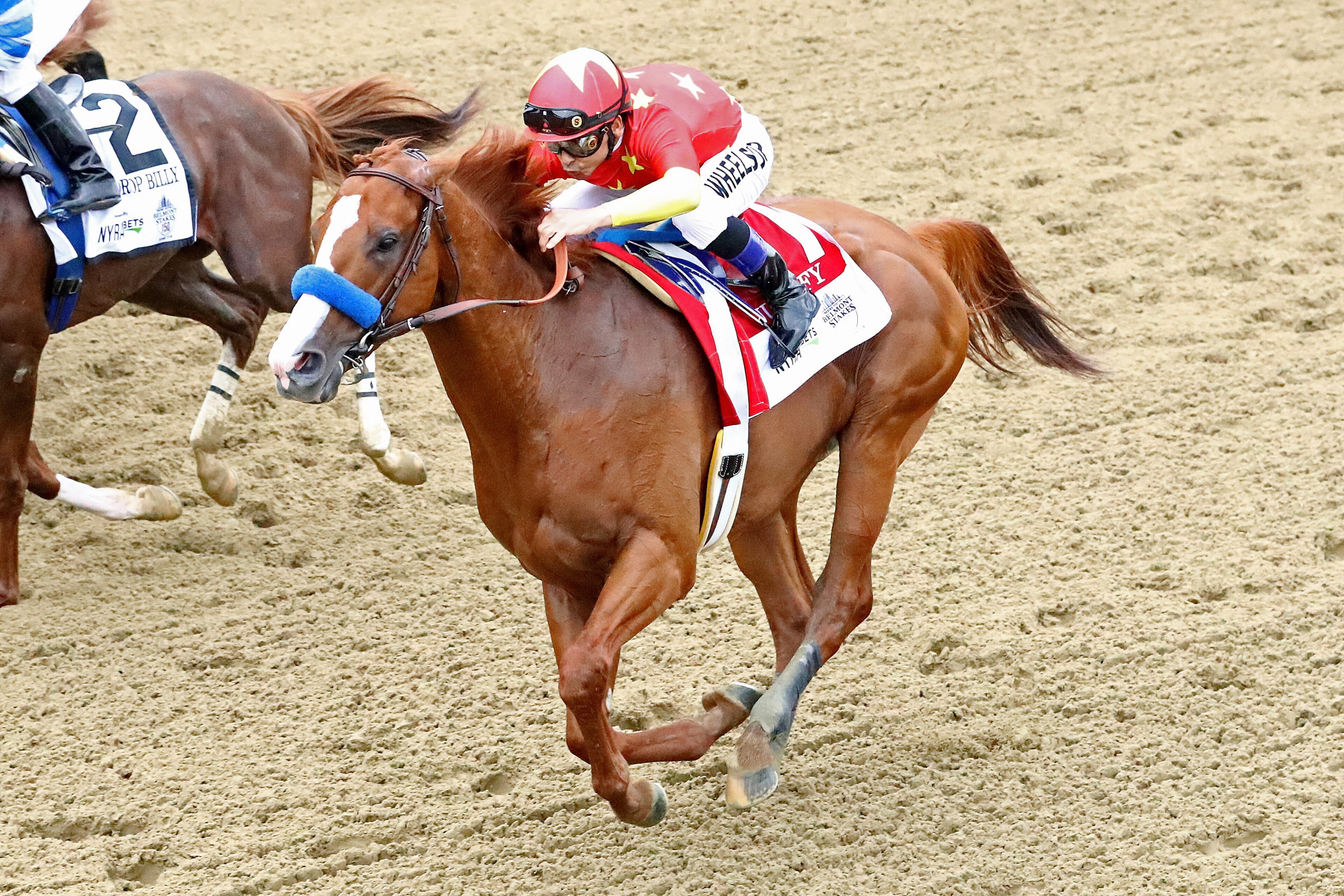 ELMONT, NY - JUNE 09:  Justify #1, ridden by jockey Mike Smith starts to win the 150th running of the Belmont Stakes at Belmont Park on June 9, 2018 in Elmont, New York. Justify becomes the thirteenth Triple Crown winner and the first since American Pharo
