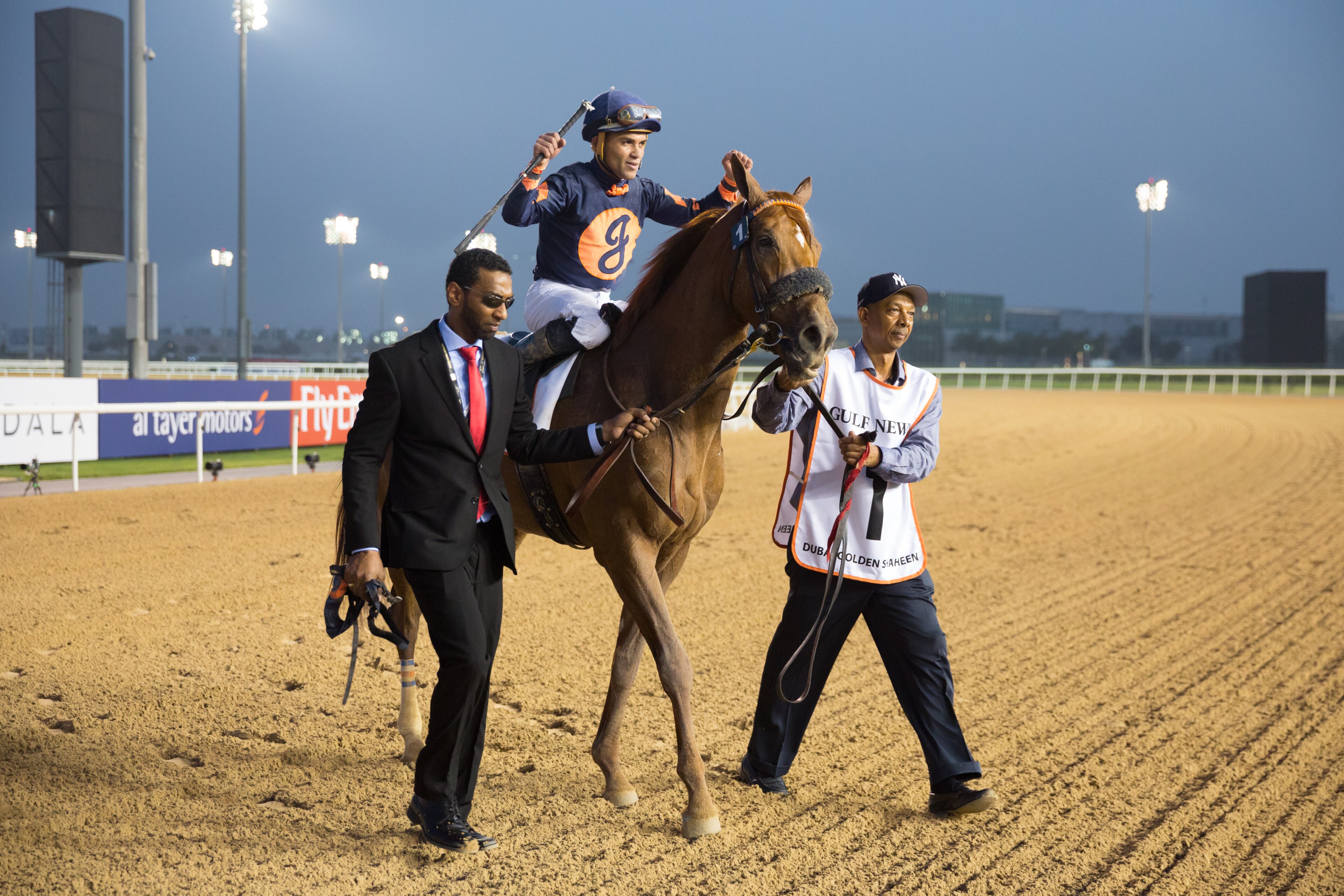 DUBAI, UNITED ARAB EMIRATES - MARCH 31: Joel Rosario riding Mind Your Biscuits wins the Dubai Golden Shaheen during the Dubai World Cup Day at Meydan Racecourse on March 31, 2018 in Dubai, United Arab Emirates.