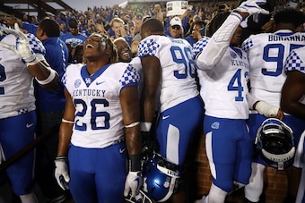COLUMBIA, MO - OCTOBER 27:  Running back Benny Snell Jr. #26 of the Kentucky Wildcats celebrates with teammates and fans after the Wildcats defeated the Missouri Tigers 15-14 to win the game at Faurot Field/Memorial Stadium on October 27, 2018 in Columbia