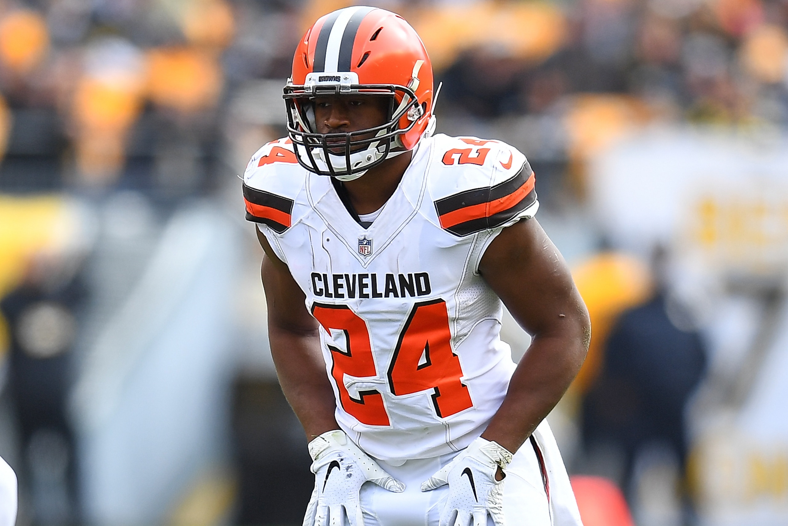 PITTSBURGH, PA - OCTOBER 28:  Nick Chubb #24 of the Cleveland Browns in action during the game against the ''Pittsburgh Steelers at Heinz Field on October 28, 2018 in Pittsburgh, Pennsylvania. (Photo by Joe Sargent/Getty Images)