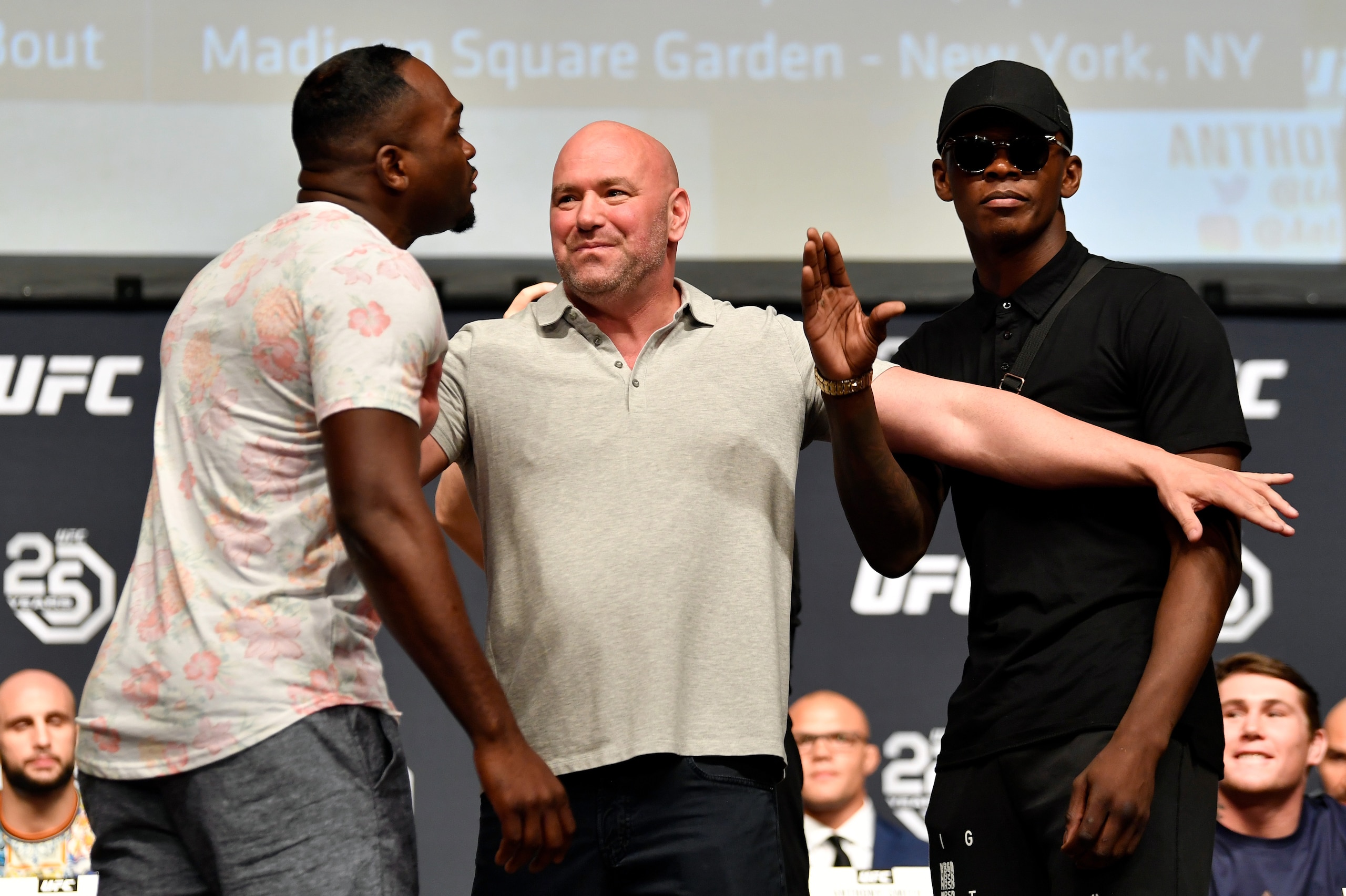 LOS ANGELES, CA - AUGUST 03: (L-R) Opponents Derek Brunson and Israel Adesanya face off during the UFC press conference inside the Orpheum Theater on August 3, 2018 in Los Angeles, California. (Photo by Jeff Bottari/Zuffa LLC/Zuffa LLC via Getty Images) LOS ANGELES, CA - AUGUST 03: (L-R) Opponents Derek Brunson and Israel Adesanya face off during the UFC press conference inside the Orpheum Theater on August 3, 2018 in Los Angeles, California. (Photo by Jeff Bottari/Zuffa LLC/Zuffa LLC via Getty Images)