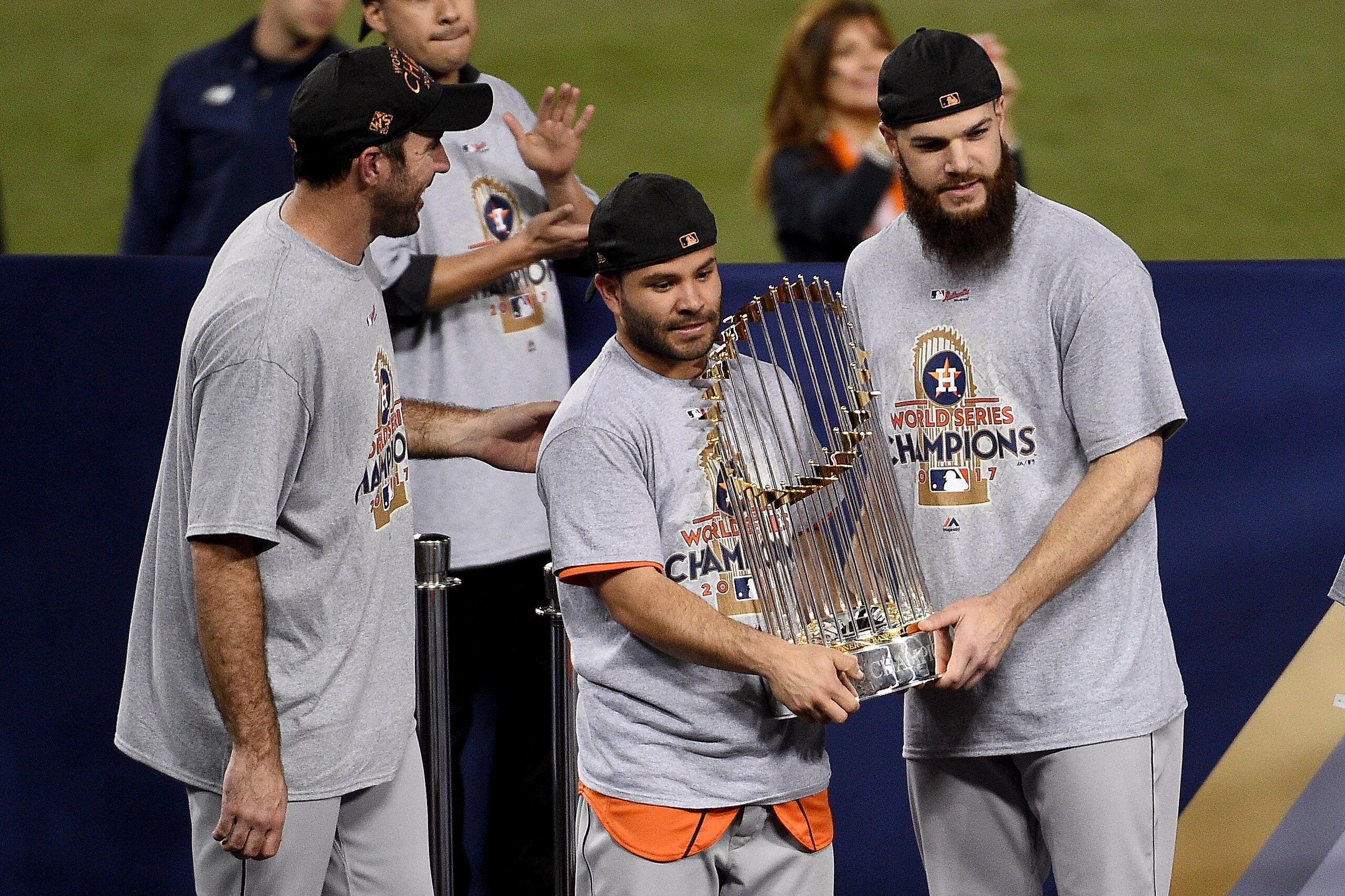 LOS ANGELES, CA - NOVEMBER 01: (L-R) Justin Verlander #35, Jose Altuve #27, and Dallas Keuchel #60 of the Houston Astros hold the Commissioner's Trophy after defeating the Los Angeles Dodgers 5-1 in game seven to win the 2017 World Series at Dodger Stadi LOS ANGELES, CA - NOVEMBER 01: (L-R) Justin Verlander #35, Jose Altuve #27, and Dallas Keuchel #60 of the Houston Astros hold the Commissioner's Trophy after defeating the Los Angeles Dodgers 5-1 in game seven to win the 2017 World Series at Dodger Stadi