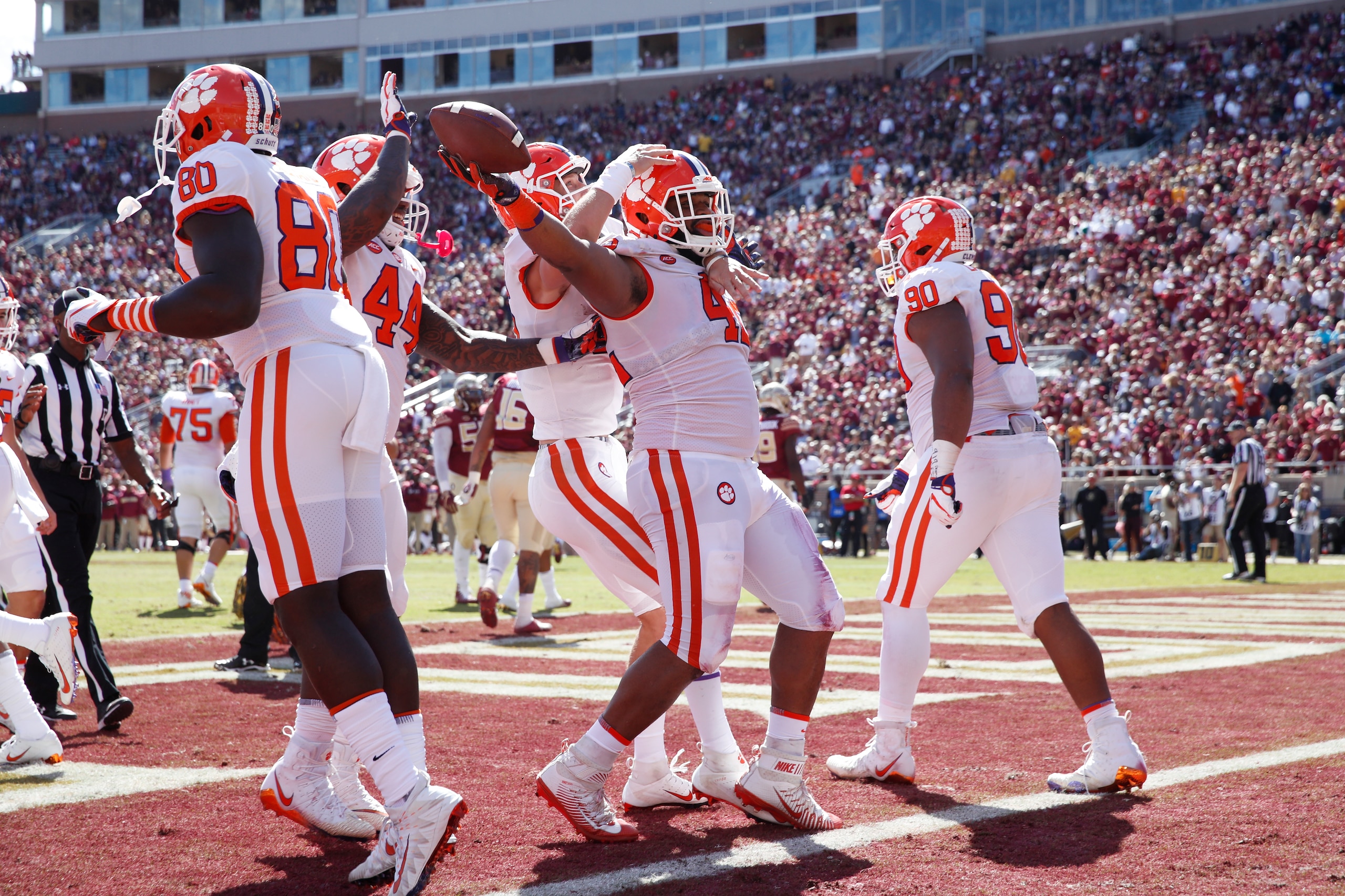 TALLAHASSEE, FL - OCTOBER 27: Christian Wilkins #42 of the Clemson Tigers celebrates after rushing for a touchdown during the game against the Florida State Seminoles at Doak Campbell Stadium on October 27, 2018 in Tallahassee, Florida. Clemson won 59-10.