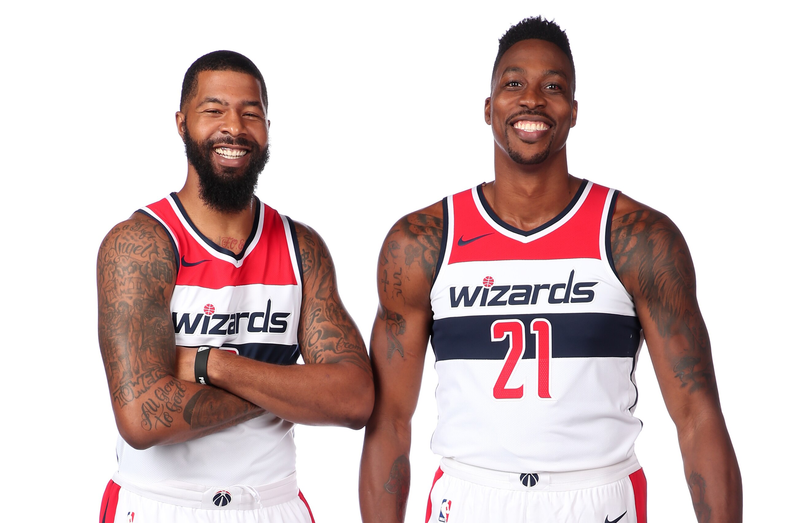 WASHINGTON, DC - SEPTEMBER 24:  Markieff Morris #5 and Dwight Howard #21 of the Washington Wizards pose for a portrait during media day at the Entertainment and Sports Arena at St. Elizabeth's on September 24, 2018 in Washington, DC. NOTE TO USER: User ex