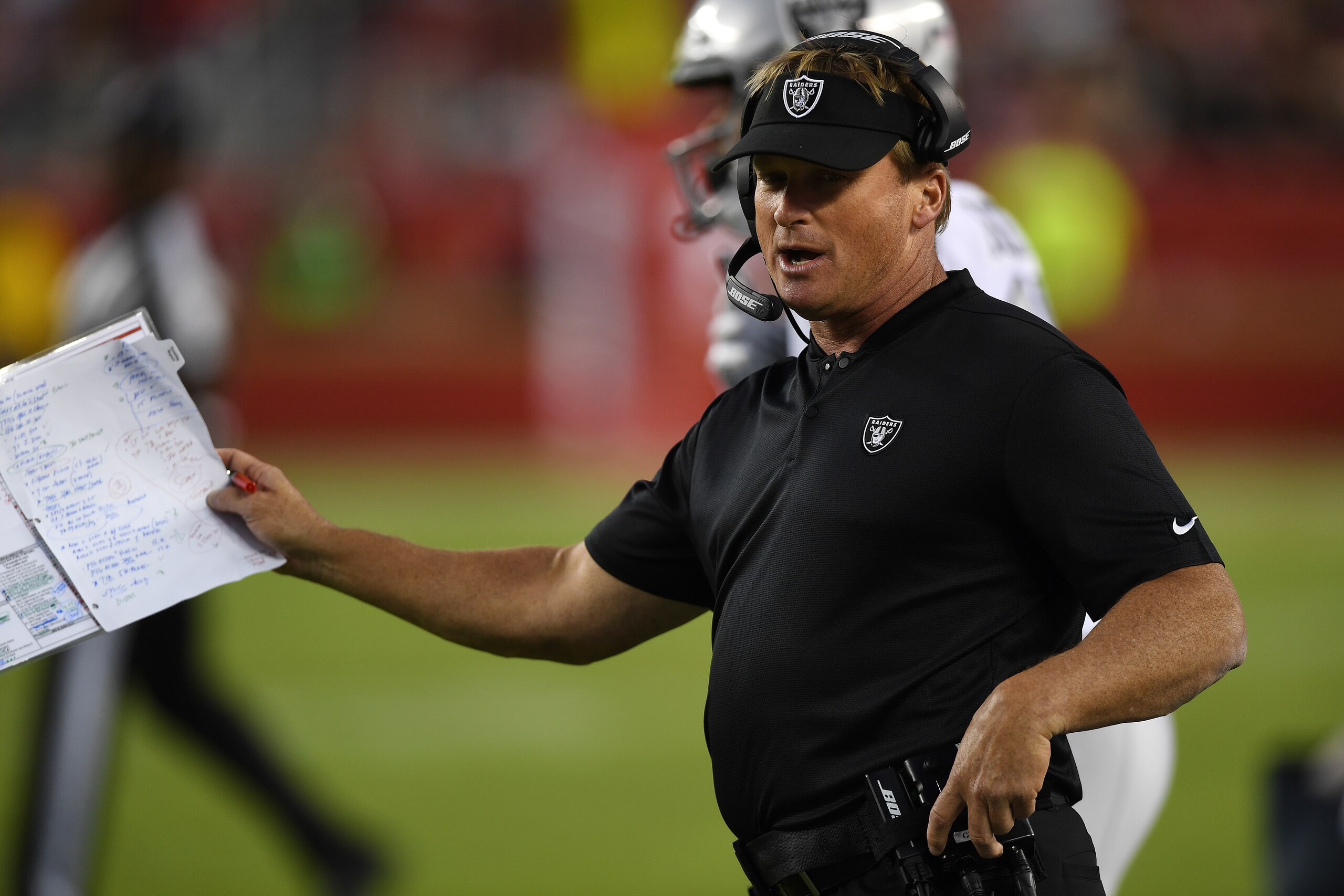 SANTA CLARA, CA - NOVEMBER 01: Head coach Jon Gruden of the Oakland Raiders looks on during their NFL game against the San Francisco 49ers at Levi's Stadium on November 1, 2018 in Santa Clara, California. (Photo by Thearon W. Henderson/Getty Images)