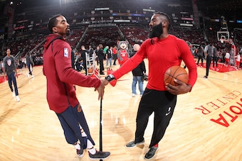 HOUSTON, TX - NOVEMBER 9: JR Smith #5 of the Cleveland Cavaliers and James Harden #13 of the Houston Rockets shake hands before the game on November 9, 2017 at Toyota Center in Houston, Texas. NOTE TO USER: User expressly acknowledges and agrees that, by 