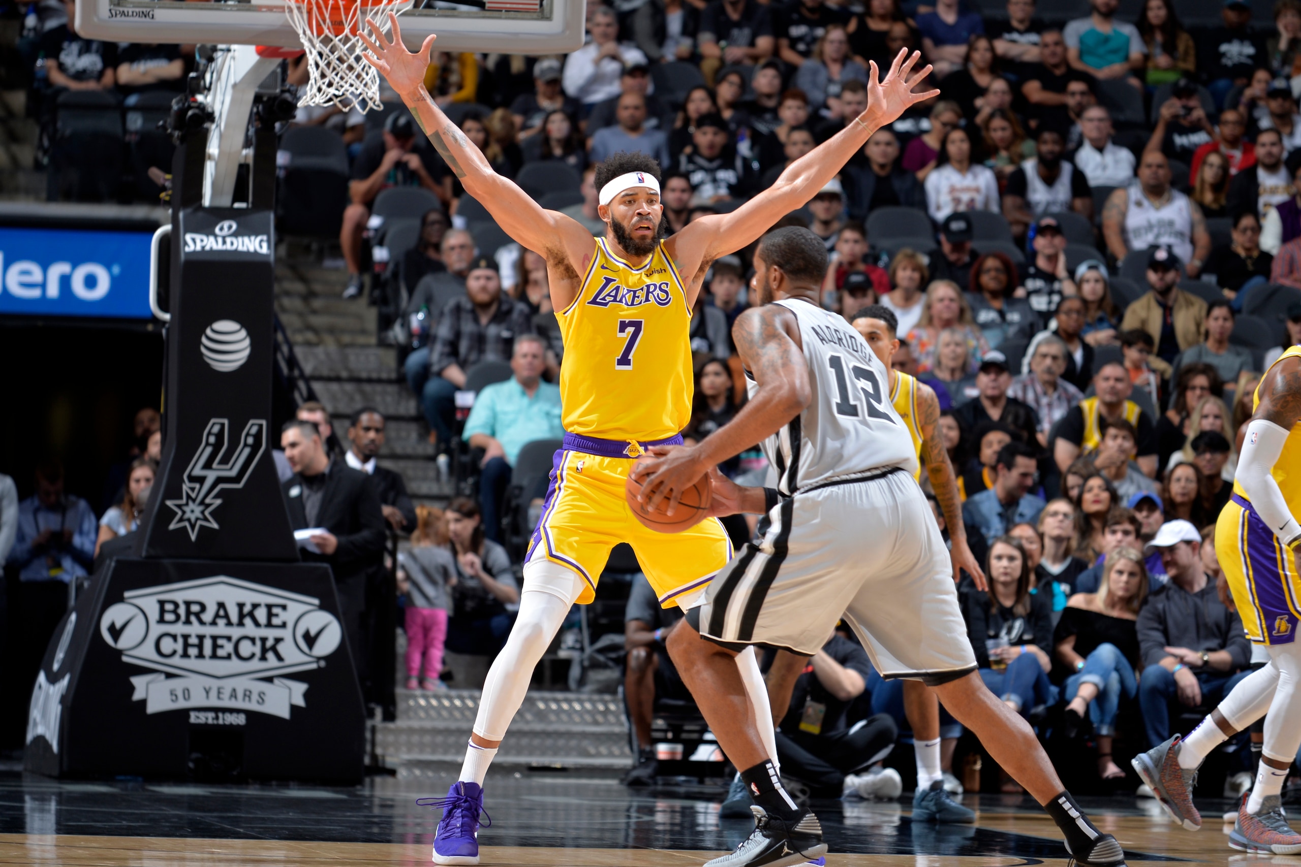 San Antonio, TX - OCTOBER 27: JaVale McGee #7 of the Los Angeles Lakers plays defense against the San Antonio Spurs on October 27, 2018 at AT&T Center in San Antonio, Texas. NOTE TO USER: User expressly acknowledges and agrees that, by downloading and/or 
