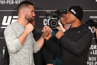 NEW YORK, NY - NOVEMBER 1: (L-R) Chris Weidman and Ronaldo Souza pose for media during the UFC 230 ultimate media day at the New York Marriott Marquis on November 1, 2018 in New York, NY.  (Photo by Ed Mulholland/Zuffa LLC/Zuffa LLC via Getty Images)