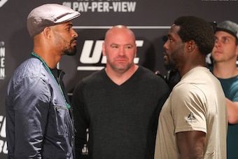 NEW YORK, NY - NOVEMBER 1: (L-R) David Branch and Jared Cannonier pose for media during the UFC 230 ultimate media day at the New York Marriott Marquis on November 1, 2018 in New York, NY.  (Photo by Ed Mulholland/Zuffa LLC/Zuffa LLC via Getty Images)