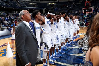MEMPHIS, TN - MARCH 4: Tubby Smith, head coach of the Memphis Tigers stands with him team after the game against the East Carolina Pirates on March 4, 2018 at FedExForum in Memphis, Tennessee. Memphis defeated East Carolina 90-70. (Photo by Joe Murphy/Get