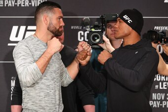 NEW YORK, NY - NOVEMBER 1: (L-R) Chris Weidman and Ronaldo Souza pose for media during the UFC 230 ultimate media day at the New York Marriott Marquis on November 1, 2018 in New York, NY.  (Photo by Ed Mulholland/Zuffa LLC/Zuffa LLC via Getty Images)