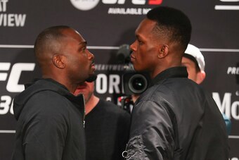 NEW YORK, NY - NOVEMBER 1: (L-R) Derek Brunson and Israel Adesanya pose for media during the UFC 230 ultimate media day at the New York Marriott Marquis on November 1, 2018 in New York, NY.  (Photo by Ed Mulholland/Zuffa LLC/Zuffa LLC via Getty Images)
