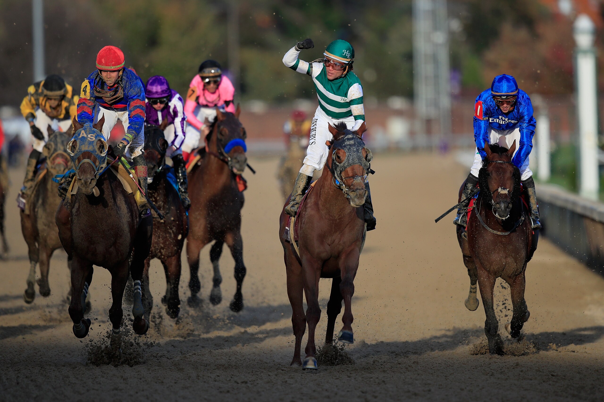 LOUISVILLE, KY - NOVEMBER 03: Joel Rosario, riding Accelerate, celebrates as he crosses the finish line to win the Breeders' Cup Classic during day 2 of the Breeders' Cup at Churchill Downs on November 3, 2018 in Louisville, Kentucky. (Photo by Andy Lyo LOUISVILLE, KY - NOVEMBER 03: Joel Rosario, riding Accelerate, celebrates as he crosses the finish line to win the Breeders' Cup Classic during day 2 of the Breeders' Cup at Churchill Downs on November 3, 2018 in Louisville, Kentucky. (Photo by Andy Lyo