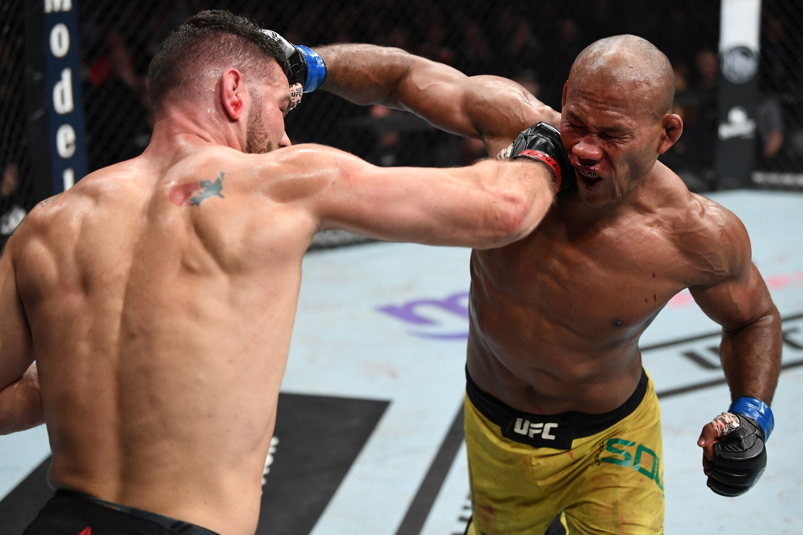 NEW YORK, NY - NOVEMBER 03:  (L-R) Chris Weidman punches Ronaldo Souza of Brazil in their middleweight bout during the UFC 230 event inside Madison Square Garden on November 3, 2018 in New York, New York. (Photo by Jeff Bottari/Zuffa LLC/Zuffa LLC via Get