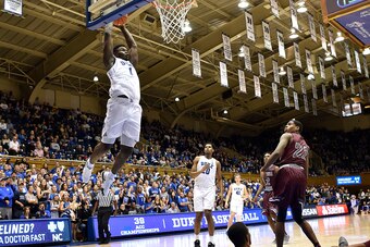 DURHAM, NC - OCTOBER 23: Zion Williamson #1 of the Duke Blue Devils goes up for a dunk against the Virginia Union Panthers at Cameron Indoor Stadium on October 23, 2018 in Durham, North Carolina. (Photo by Lance King/Getty Images)