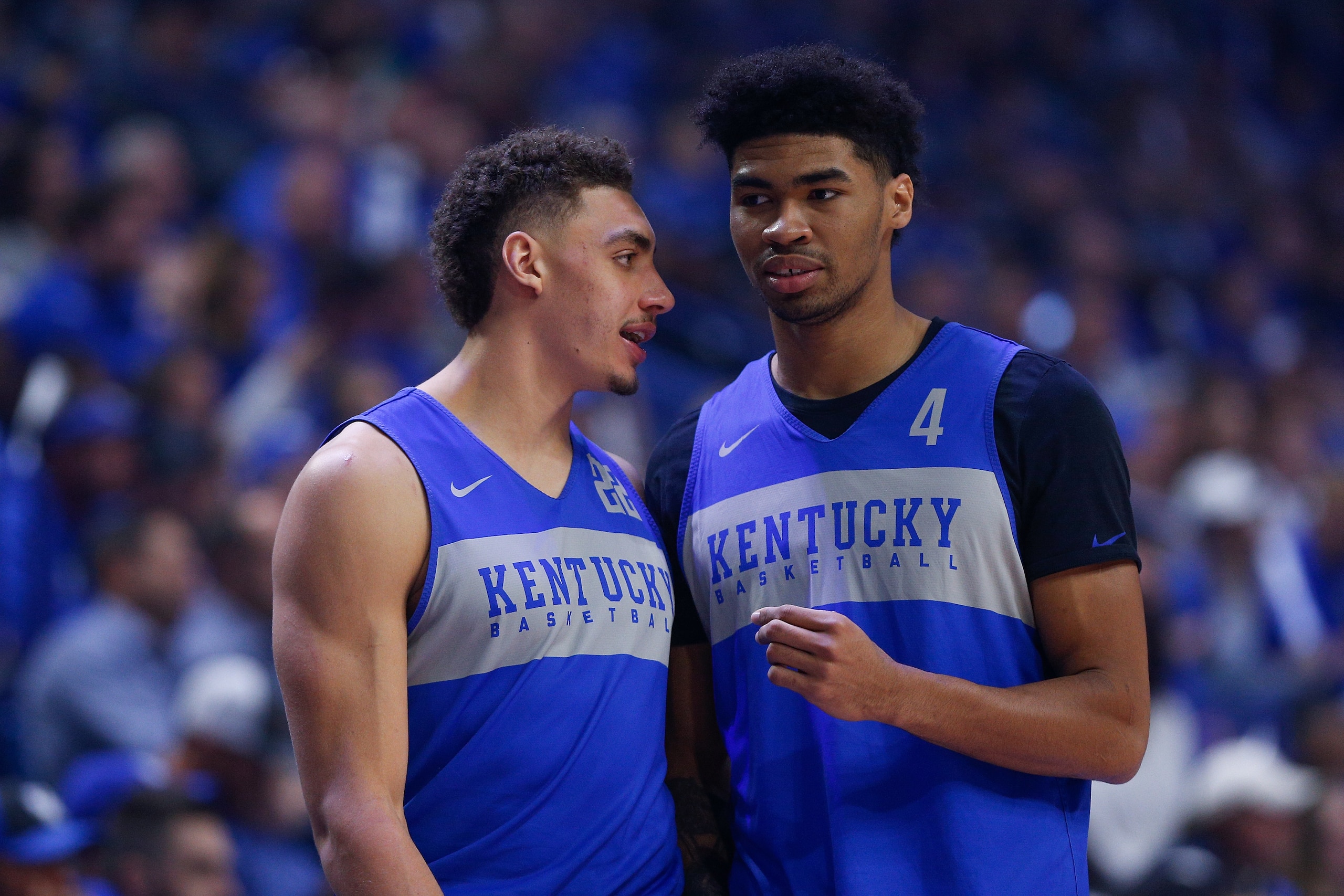 LEXINGTON, KY - OCTOBER 12: Reid Travis #22 and Nick Richards #4 of the Kentucky Wildcats look on during Big Blue Madness at Rupp Arena on October 12, 2018 in Lexington, Kentucky. (Photo by Michael Reaves/Getty Images) LEXINGTON, KY - OCTOBER 12: Reid Travis #22 and Nick Richards #4 of the Kentucky Wildcats look on during Big Blue Madness at Rupp Arena on October 12, 2018 in Lexington, Kentucky. (Photo by Michael Reaves/Getty Images)