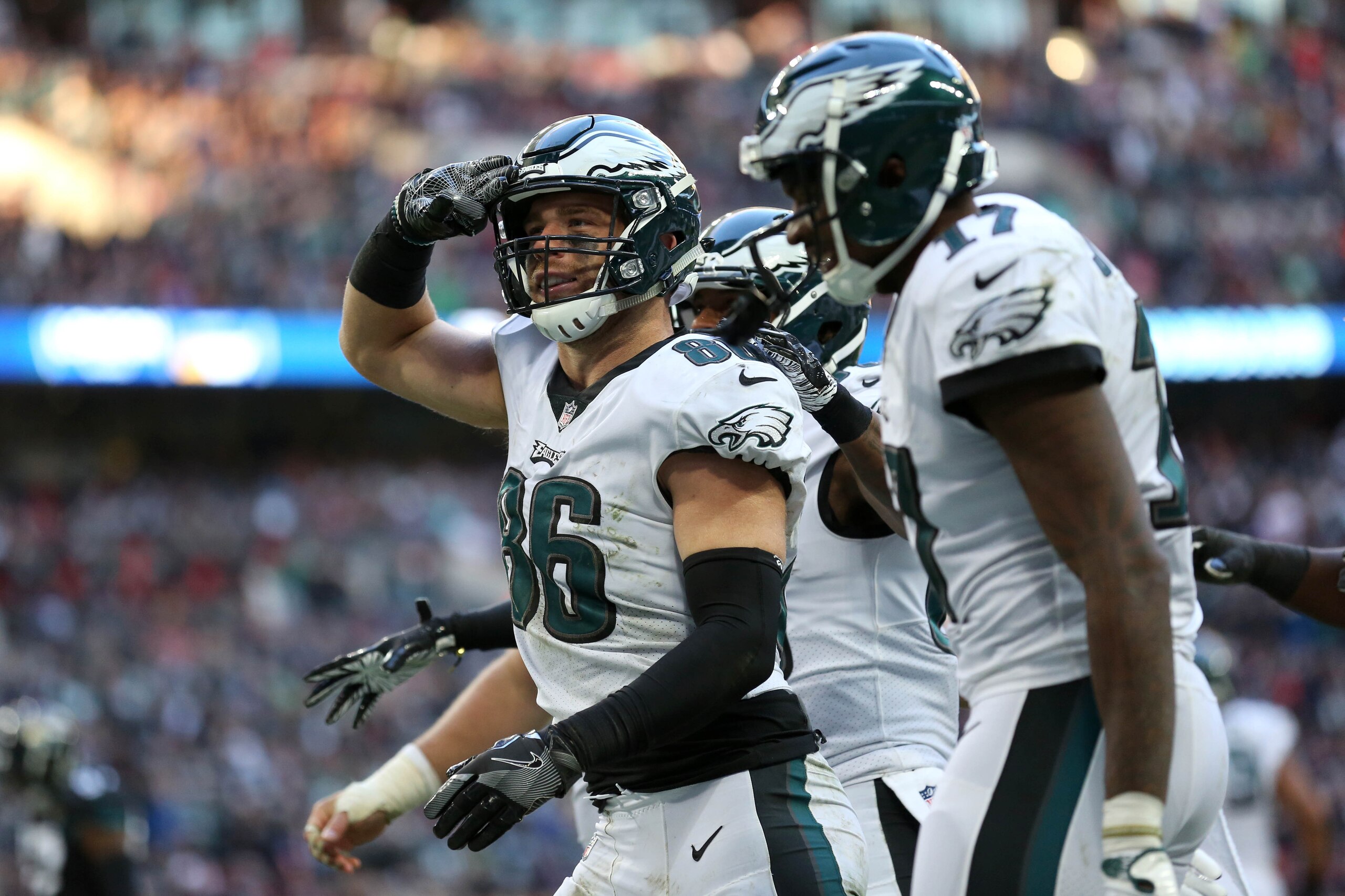 LONDON, ENGLAND - OCTOBER 28: Zach Ertz of The Eagles celebrates scoring a touchdown during the NFL International Series match between Philadelphia Eagles and Jacksonville Jaguars at Wembley Stadium on October 28, 2018 in London, England. (Photo by Kate M