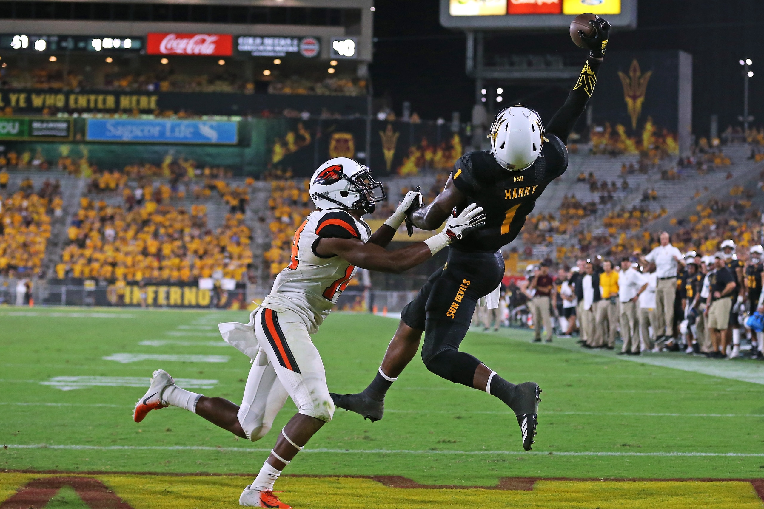 TEMPE, AZ - SEPTEMBER 29: Wide receiver N'Keal Harry #1 of the Arizona State Sun Devils attempted catch against Oregon State Beavers defender at Sun Devil Stadium on September 29, 2018 in Tempe, Arizona. (Photo by Leon Bennett/Getty Images) TEMPE, AZ - SEPTEMBER 29: Wide receiver N'Keal Harry #1 of the Arizona State Sun Devils attempted catch against Oregon State Beavers defender at Sun Devil Stadium on September 29, 2018 in Tempe, Arizona. (Photo by Leon Bennett/Getty Images)