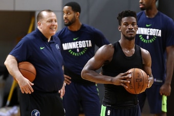 SHENZHEN, CHINA - OCTOBER 04:  Head coach Tom Thibodeau(L) and Jimmy Butler #23 of the Minnesota Timberwolves looks on during practice at Shenzhen Gymnasium as part of 2017 NBA Global Games China on October 4, 2017 in Shenzhen, China.  (Photo by Zhong Zhi
