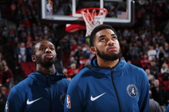PORTLAND, OR - NOVEMBER 4: Karl-Anthony Towns #32 of the Minnesota Timberwolves and Andrew Wiggins #22 of the Minnesota Timberwolves prior to the game against the Portland Trail Blazers on November 4, 2018 at the Moda Center in Portland, Oregon. NOTE TO U