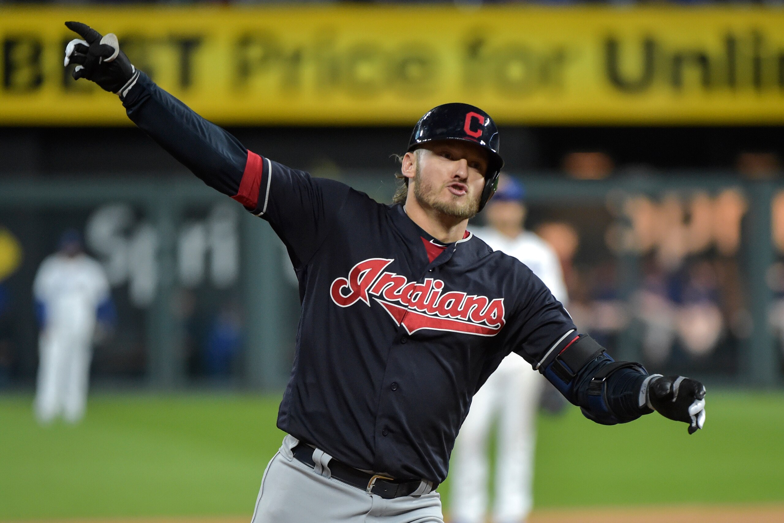 KANSAS CITY, MO - SEPTEMBER 28: Josh Donaldson #27 of the Cleveland Indians celebrates his grand slam as he rounds third and heads home in the seventh inning against the Kansas City Royals at Kauffman Stadium on September 28, 2018 in Kansas City, Missouri KANSAS CITY, MO - SEPTEMBER 28: Josh Donaldson #27 of the Cleveland Indians celebrates his grand slam as he rounds third and heads home in the seventh inning against the Kansas City Royals at Kauffman Stadium on September 28, 2018 in Kansas City, Missouri