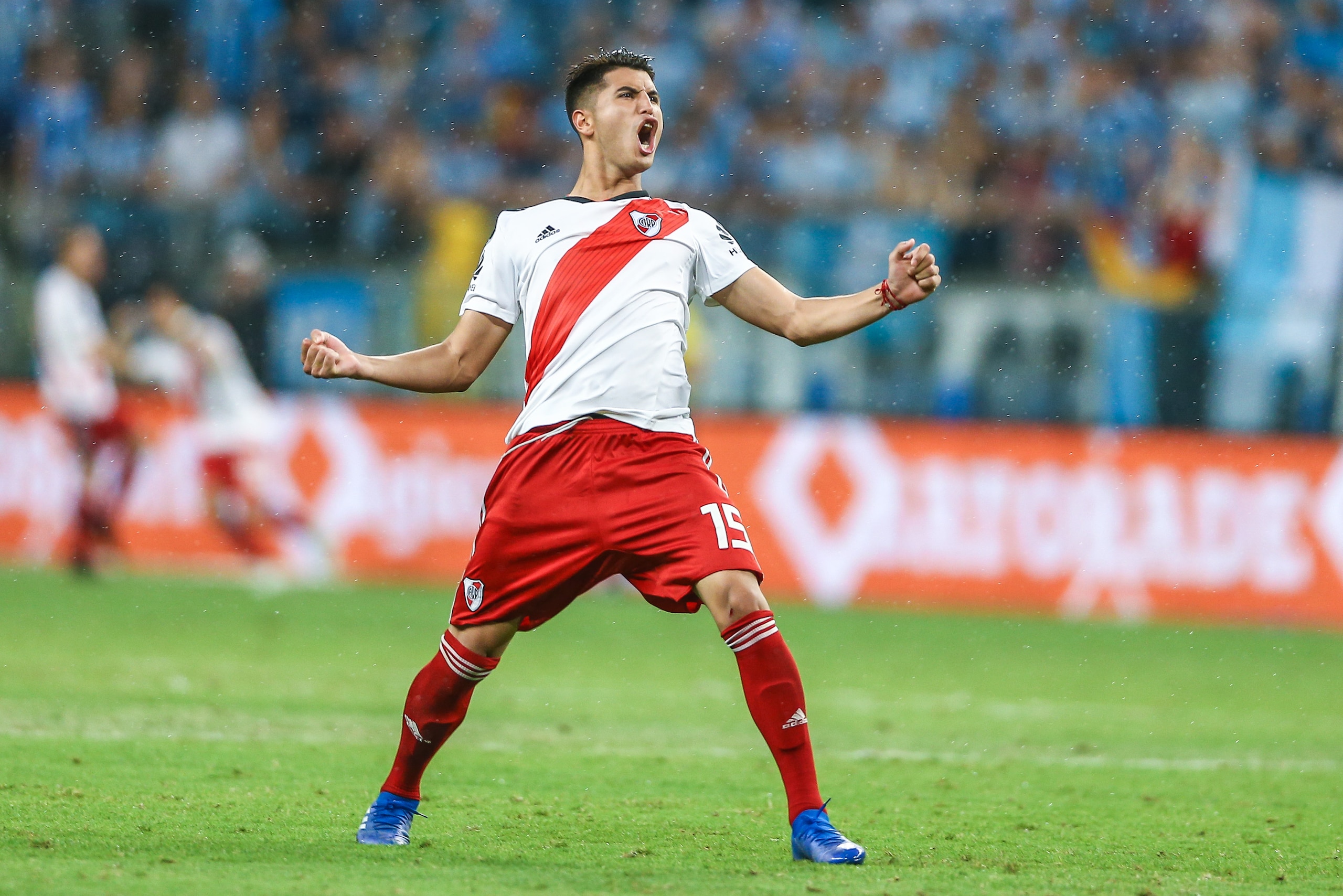PORTO ALEGRE, BRAZIL - OCTOBER 30: Exequiel Palacios of River Plate celebrates the first goal of his team scored by Rafael Santos Borre (not in frame) during the match against Gremio as part of Copa Conmebol Libertadores 2018 at Arena do Gremio on October