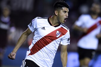 LANUS, ARGENTINA - SEPTEMBER 28: Exequiel Palacios of River Plate celebrates after scoring the fifth goal of his team during a match between Lanus and River Plate as part of Superliga 2018/19 at Estadio Ciudad de Lanus - Nestor Diaz Perez on September 28,