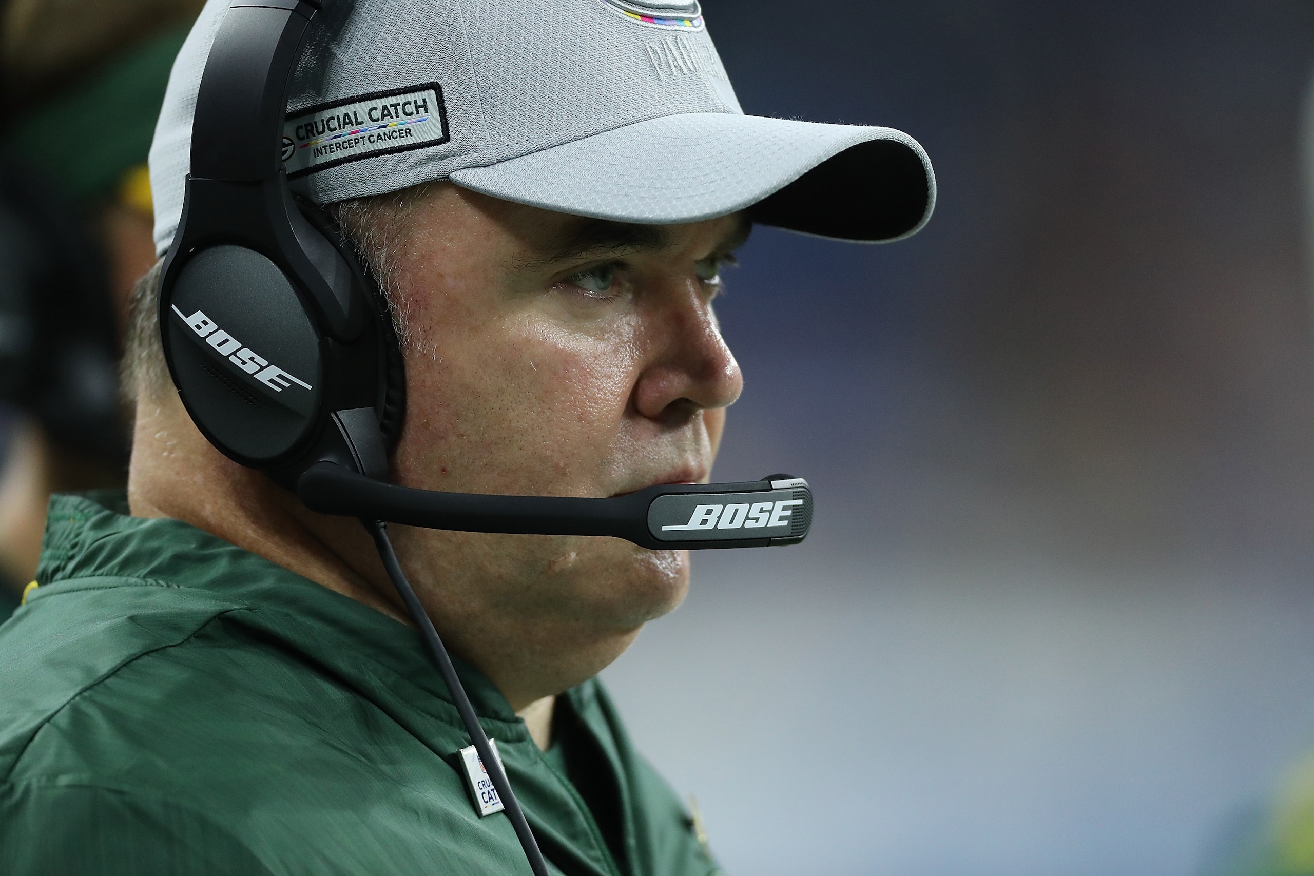 DETROIT, MI - OCTOBER 07: Green Bay Packers head football coach Mike McCarthy watches the actions during the fourth quarter of the game against the Detroit Lions at Ford Field on October 7, 2018 in Detroit, Michigan. The Lions defeated the Packers 31-23. 