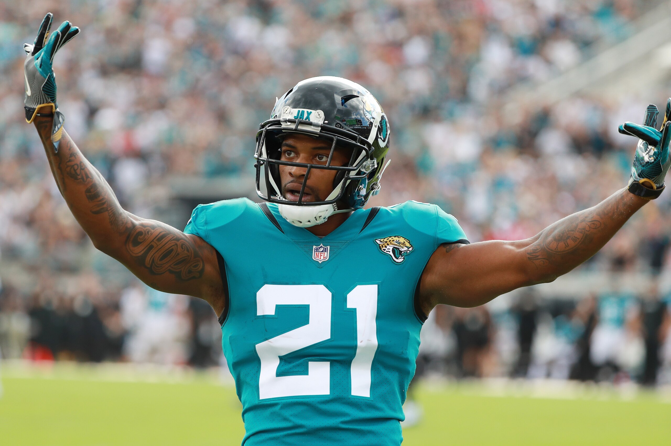 JACKSONVILLE, FL - SEPTEMBER 16:  A.J. Bouye #21 of the Jacksonville Jaguars looks to the fans in the second half of their game against the New England Patriots at TIAA Bank Field on September 16, 2018 in Jacksonville, Florida.  (Photo by Scott Halleran/G