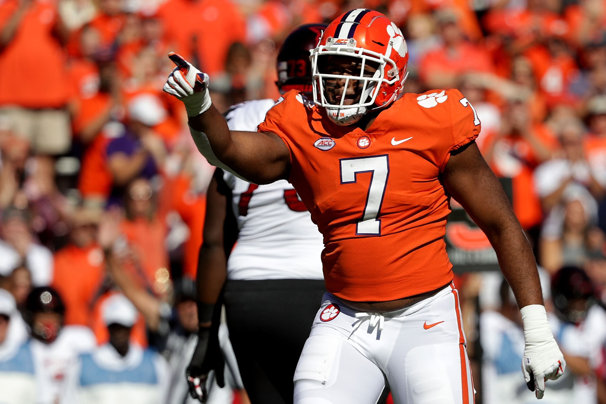 CLEMSON, SC - NOVEMBER 03:  Austin Bryant #7 of the Clemson Tigers reacts after a play against the Louisville Cardinals during their game at Clemson Memorial Stadium on November 3, 2018 in Clemson, South Carolina.  (Photo by Streeter Lecka/Getty Images)