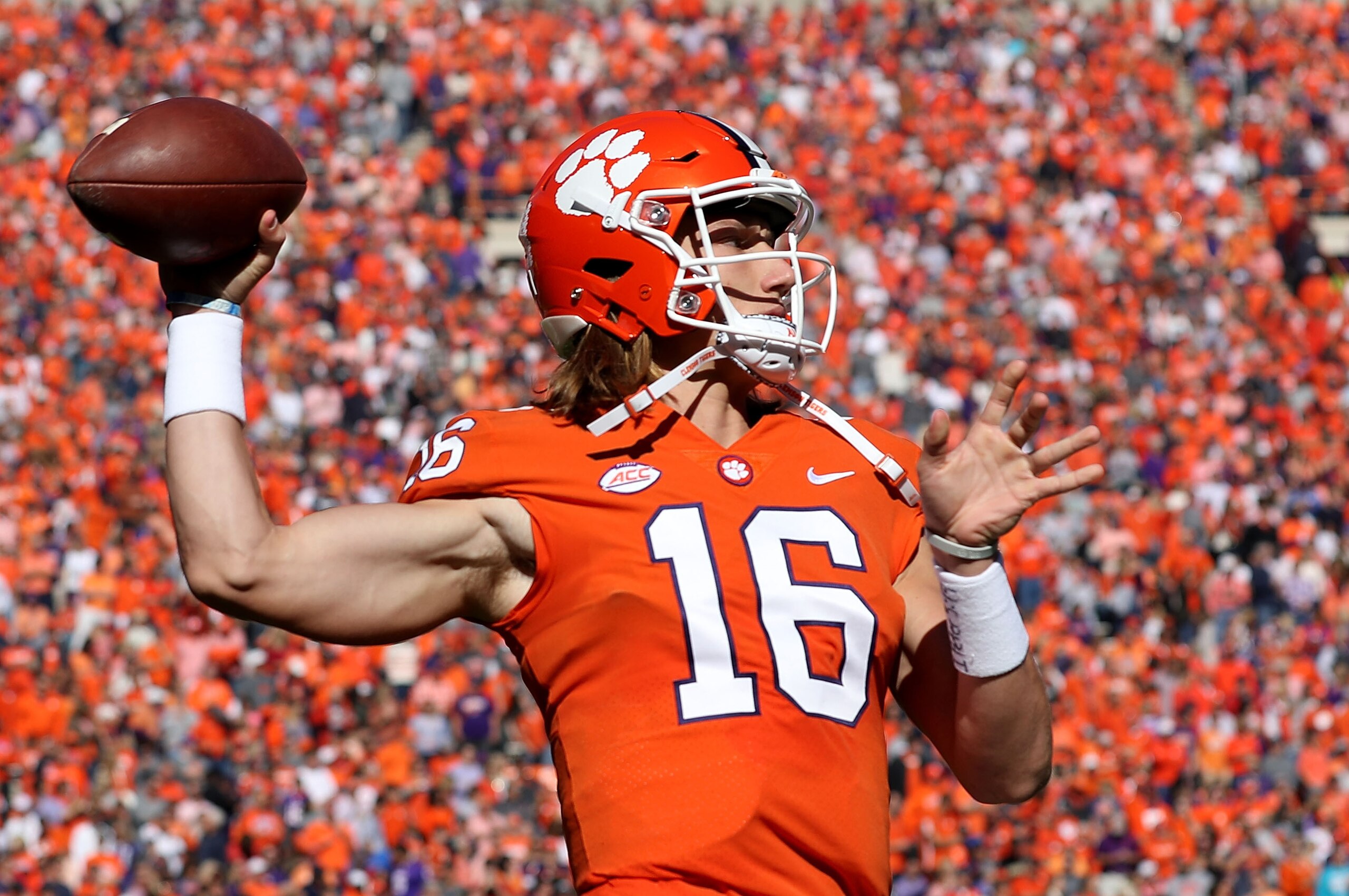 CLEMSON, SC - NOVEMBER 03: Trevor Lawrence #16 of the Clemson Tigers warms up ahead of their game against the Louisville Cardinals at Clemson Memorial Stadium on November 3, 2018 in Clemson, South Carolina. (Photo by Streeter Lecka/Getty Images) CLEMSON, SC - NOVEMBER 03: Trevor Lawrence #16 of the Clemson Tigers warms up ahead of their game against the Louisville Cardinals at Clemson Memorial Stadium on November 3, 2018 in Clemson, South Carolina. (Photo by Streeter Lecka/Getty Images)