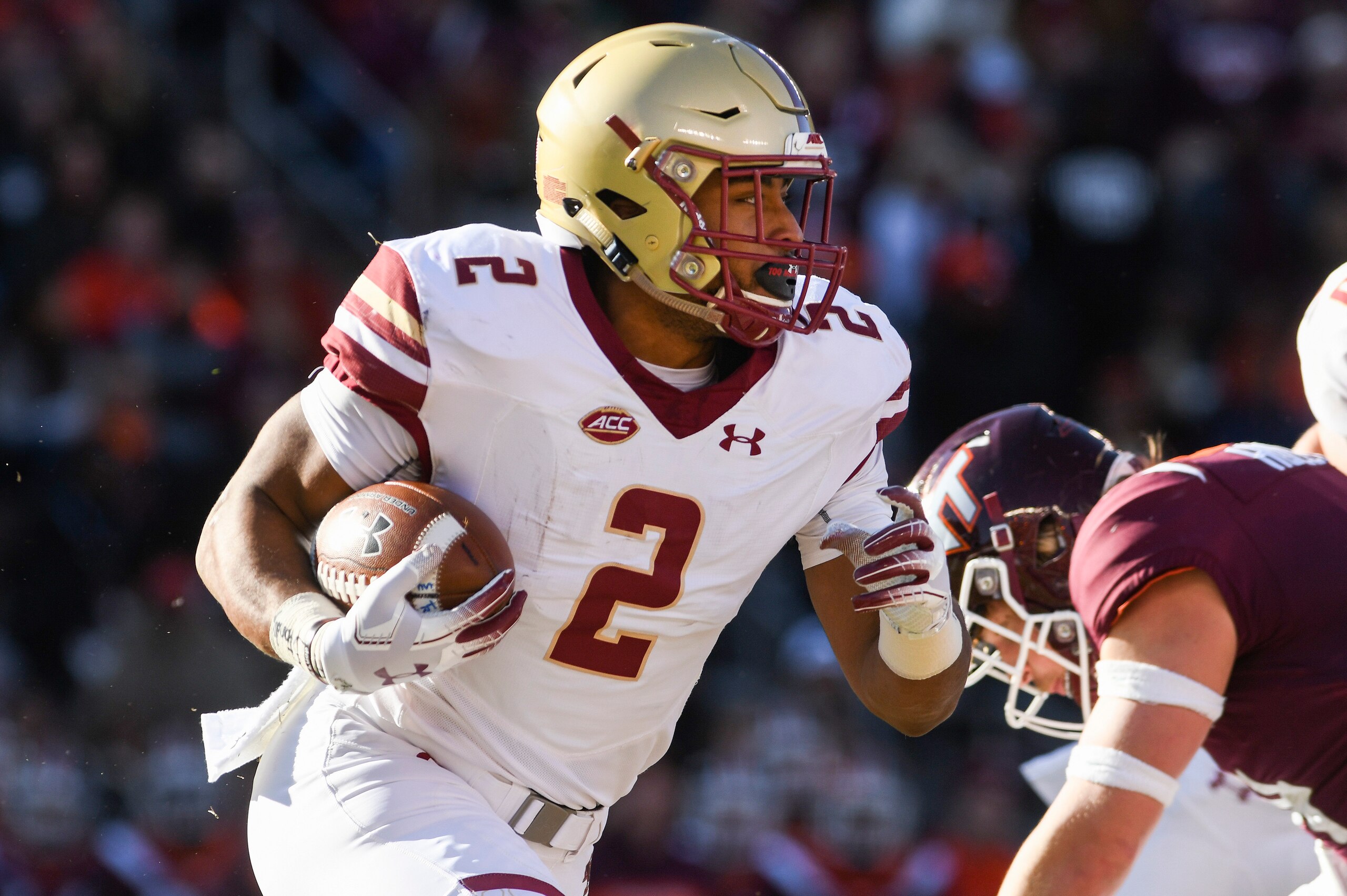 BLACKSBURG, VA - NOVEMBER 3: Running back AJ Dillon #2 of the Boston College Eagles carries the ball against the Virginia Tech Hokies in the first half at Lane Stadium on November 3, 2018 in Blacksburg, Virginia. (Photo by Michael Shroyer/Getty Images) BLACKSBURG, VA - NOVEMBER 3: Running back AJ Dillon #2 of the Boston College Eagles carries the ball against the Virginia Tech Hokies in the first half at Lane Stadium on November 3, 2018 in Blacksburg, Virginia. (Photo by Michael Shroyer/Getty Images)