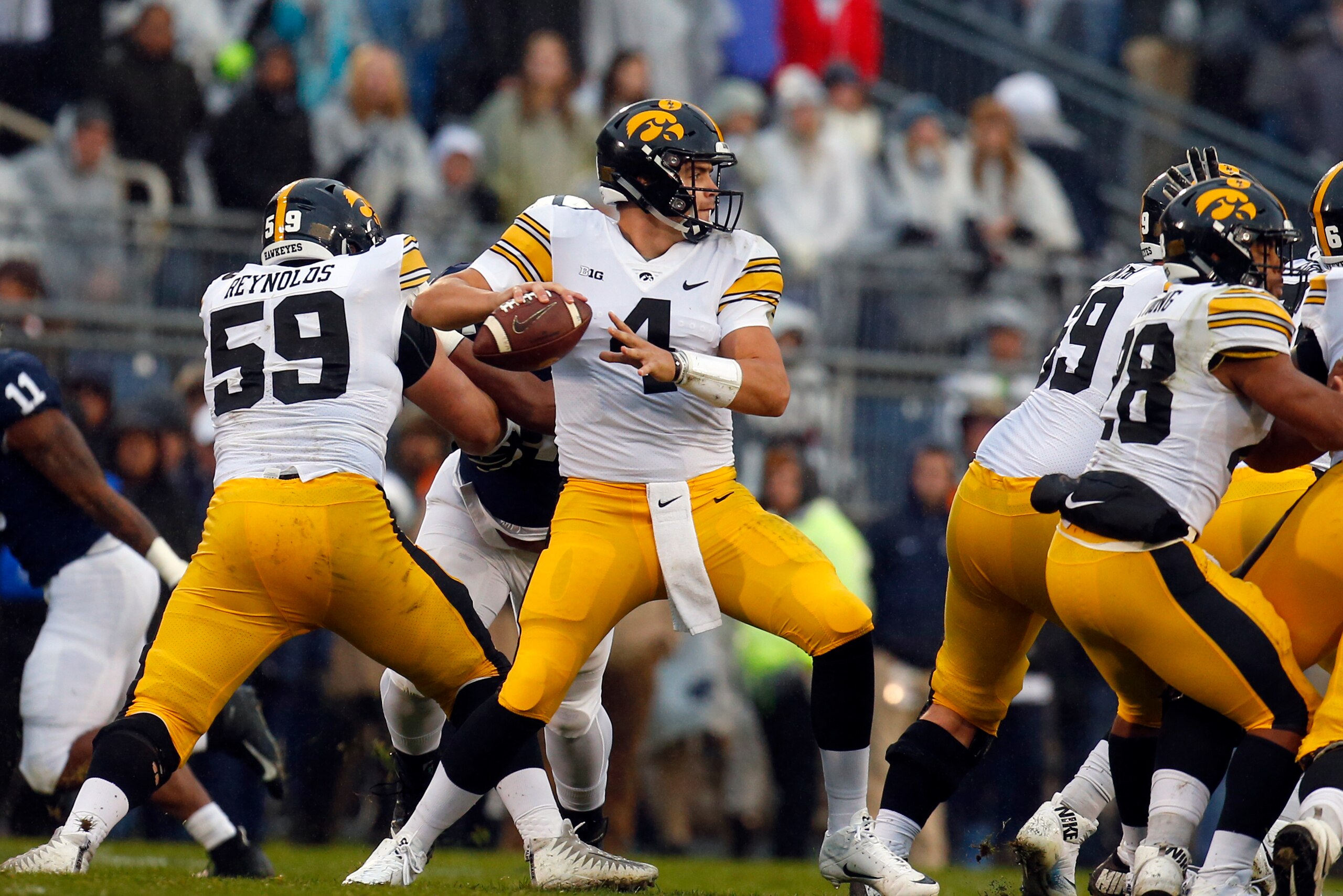STATE COLLEGE, PA - OCTOBER 27: Nate Stanley #4 of the Iowa Hawkeyes passes against the Penn State Nittany Lions on October 27, 2018 at Beaver Stadium in State College, Pennsylvania. (Photo by Justin K. Aller/Getty Images) STATE COLLEGE, PA - OCTOBER 27: Nate Stanley #4 of the Iowa Hawkeyes passes against the Penn State Nittany Lions on October 27, 2018 at Beaver Stadium in State College, Pennsylvania. (Photo by Justin K. Aller/Getty Images)