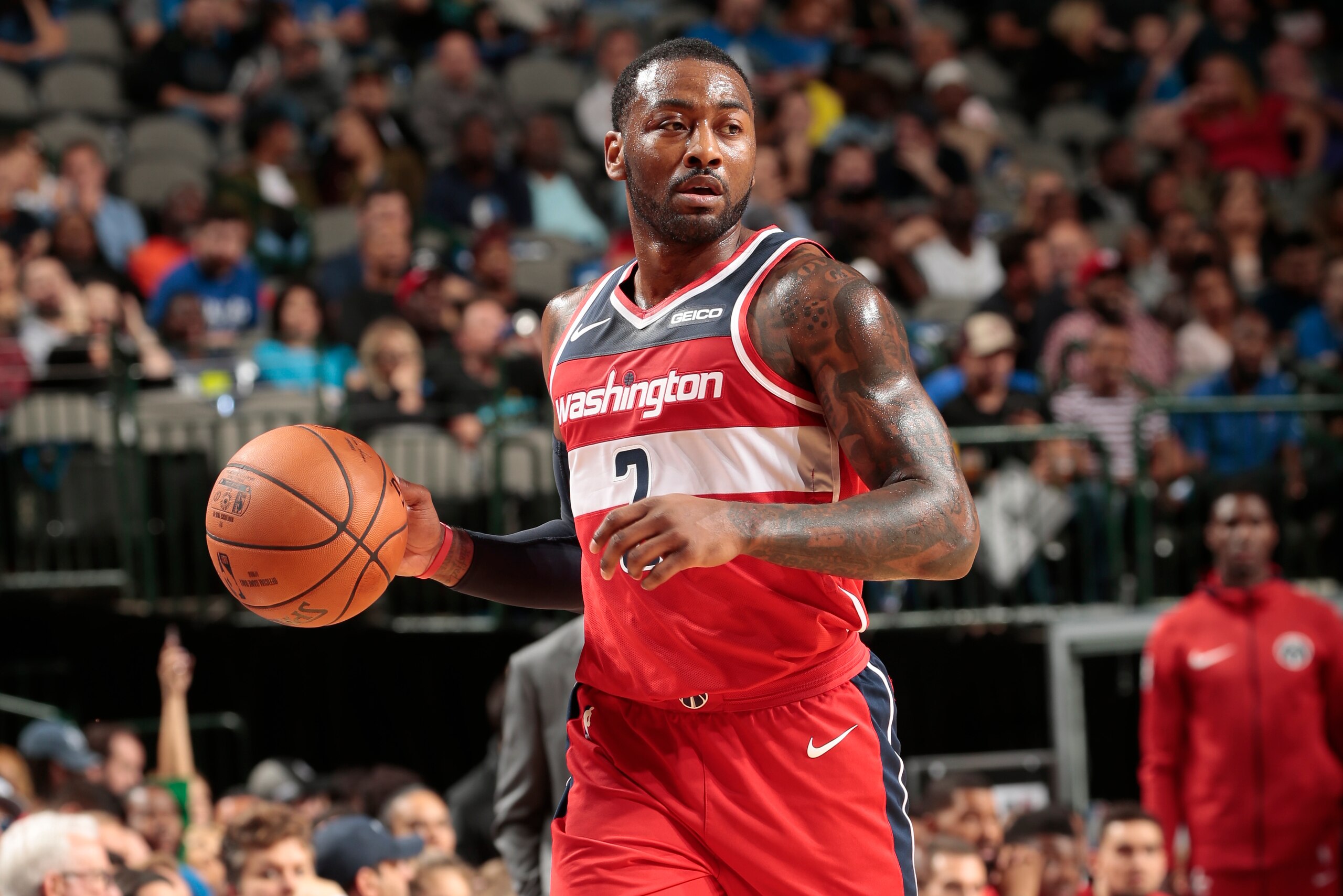 DALLAS, TX - NOVEMBER 6: Washington Wizards guard John Wall #2 handles the ball during the game against the Dallas Mavericks on October 6, 2018 at the American Airlines Center in Dallas, Texas. NOTE TO USER: User expressly acknowledges and agrees that, by
