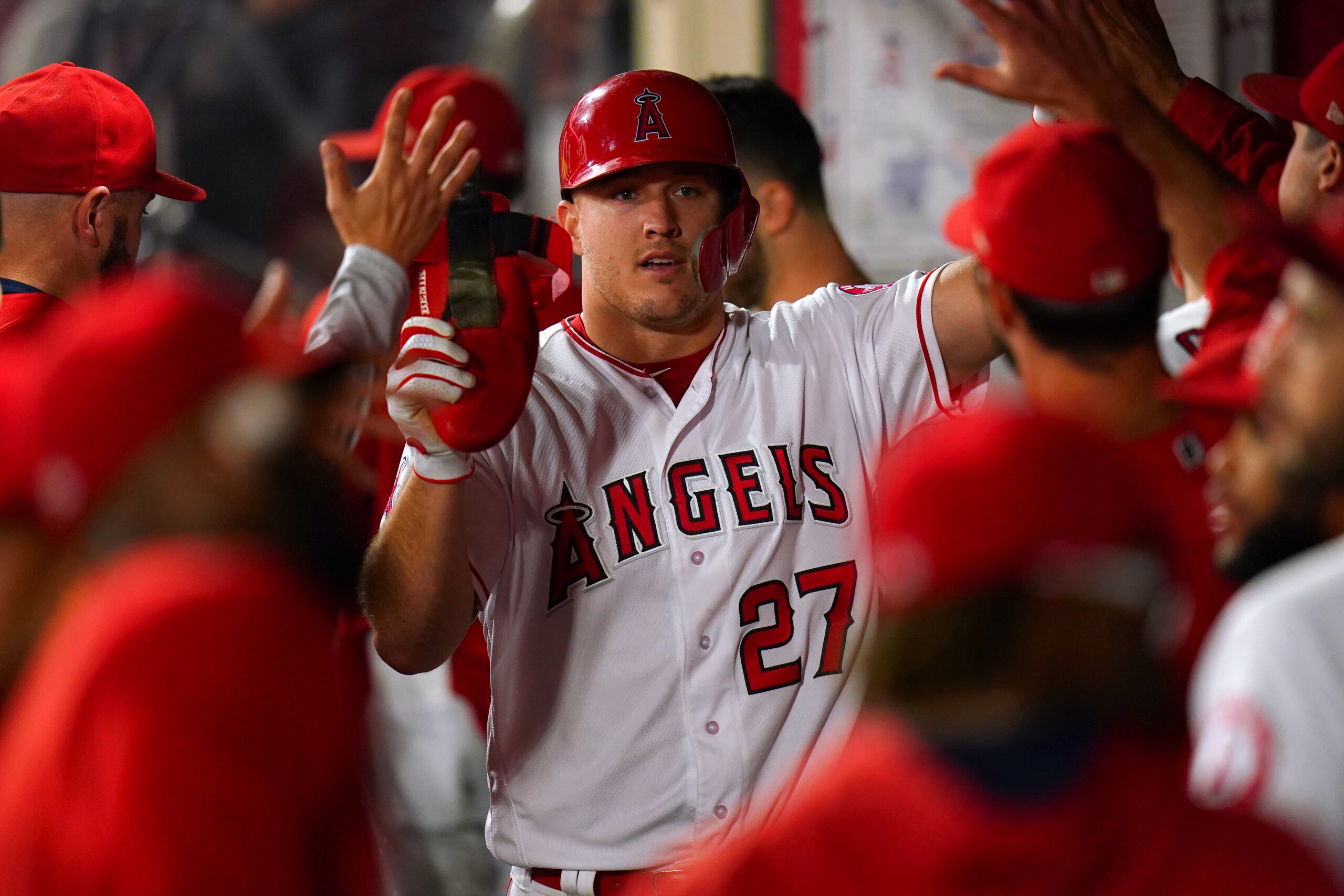ANAHEIM, CA - SEPTEMBER 25:  Mike Trout #27 of the Los Angeles Angels of Anaheim celebrates during the game against the Texas Rangers at Angel Stadium on September 25, 2018 in Anaheim, California.  (Photo by Masterpress/Getty Images)