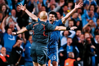 Chelsea player Michael Ballack appeals in vain for a penalty right in the face of referee Tom Henning Ovrebo during the Chelsea versus Barcelona Champions League semi-final 2nd leg match at Stamford Bridge on May 6th 2009 in London (Photo by Tom Jenkins/G