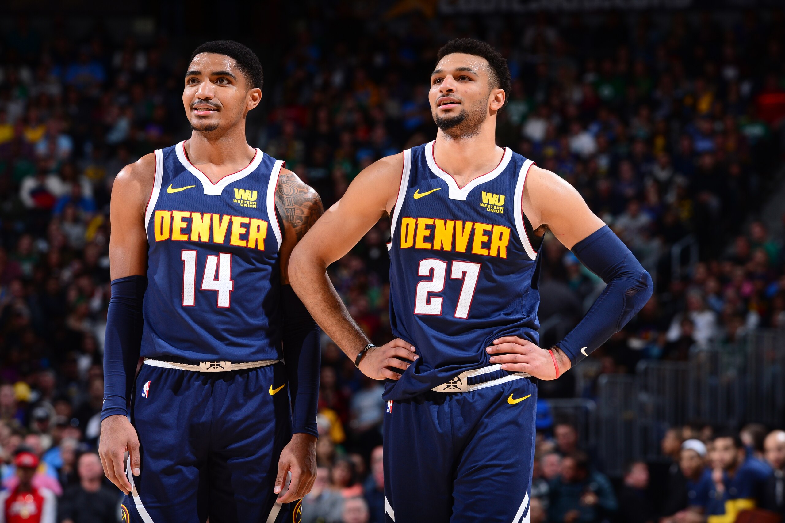 DENVER, CO - NOVEMBER 5: Gary Harris #14 and Jamal Murray #27 of the Denver Nuggets look on during the game against the Boston Celtics on November 5, 2018 at the Pepsi Center in Denver, Colorado. NOTE TO USER: User expressly acknowledges and agrees that, 