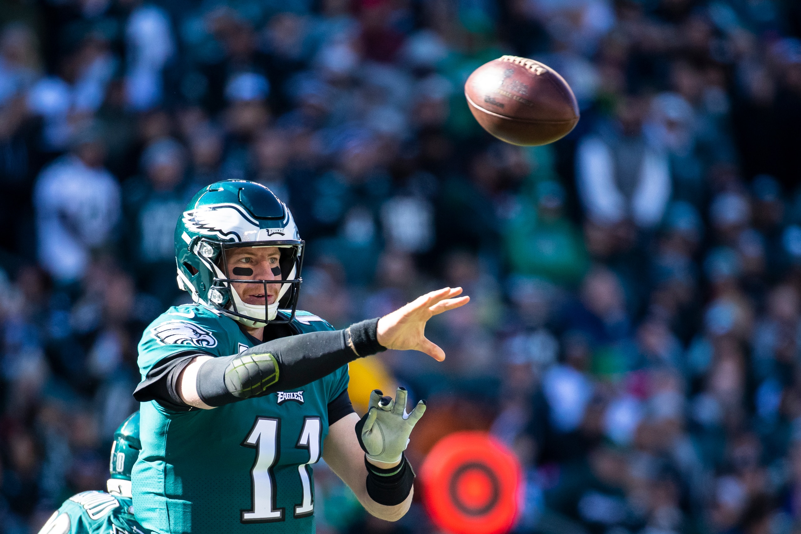 PHILADELPHIA, PA - OCTOBER 21:  Carson Wentz #11 of the Philadelphia Eagles passes the ball during the third quarter against the Carolina Panthers at Lincoln Financial Field on October 21, 2018 in Philadelphia, Pennsylvania. Carolina defeats Philadelphia 