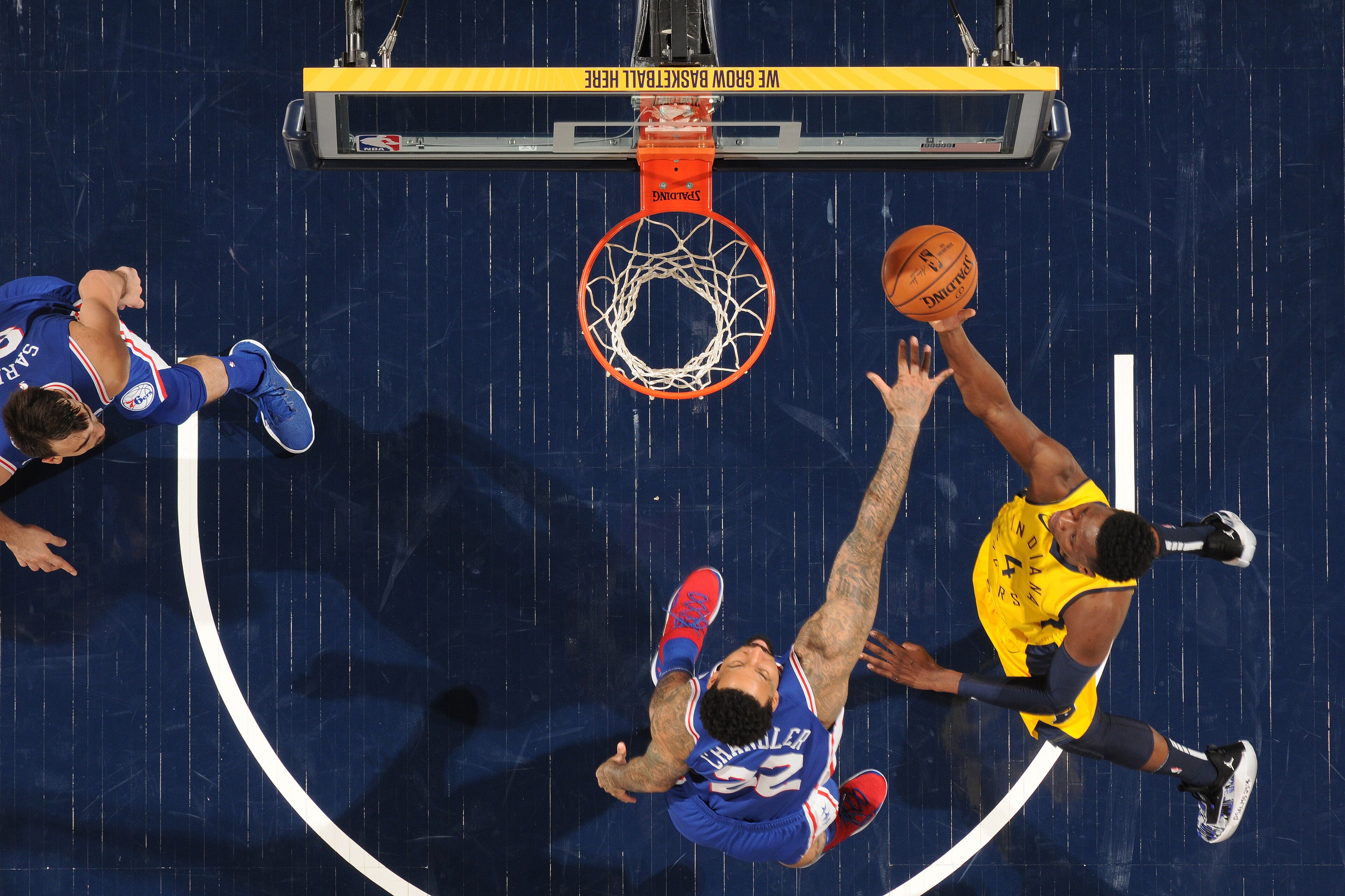 INDIANAPOLIS, IN - NOVEMBER 7: Victor Oladipo #4 of the Indiana Pacers shoots the ball against the Philadelphia 76erson November 7, 2018 at Bankers Life Fieldhouse in Indianapolis, Indiana. NOTE TO USER: User expressly acknowledges and agrees that, by dow