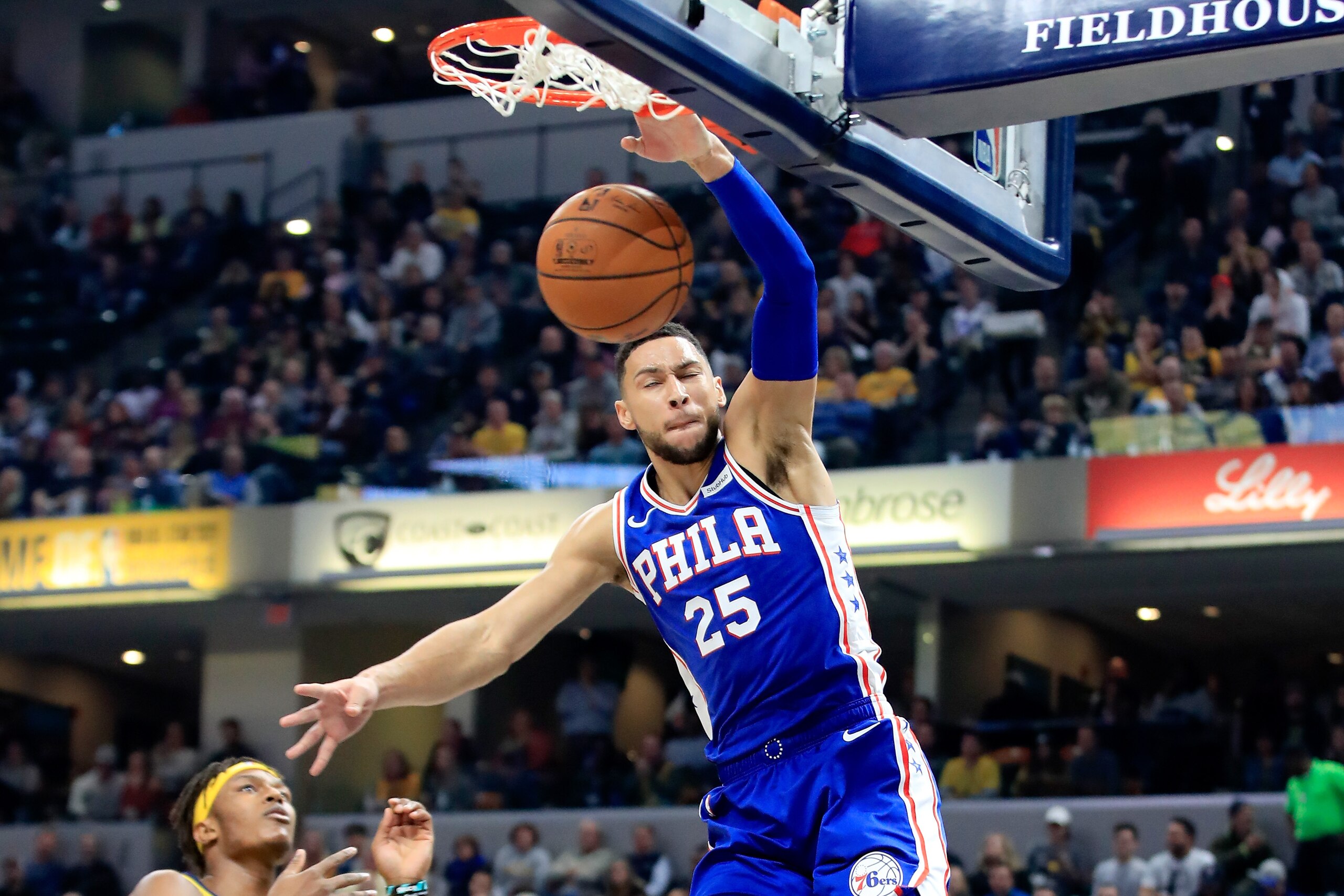 INDIANAPOLIS, IN - NOVEMBER 07:  Ben Simmons #25 of the Philadelphia 76ers goes up to dunk the ball against the Indiana Pacers at Bankers Life Fieldhouse on November 7, 2018 in Indianapolis, Indiana.   NOTE TO USER: User expressly acknowledges and agrees 